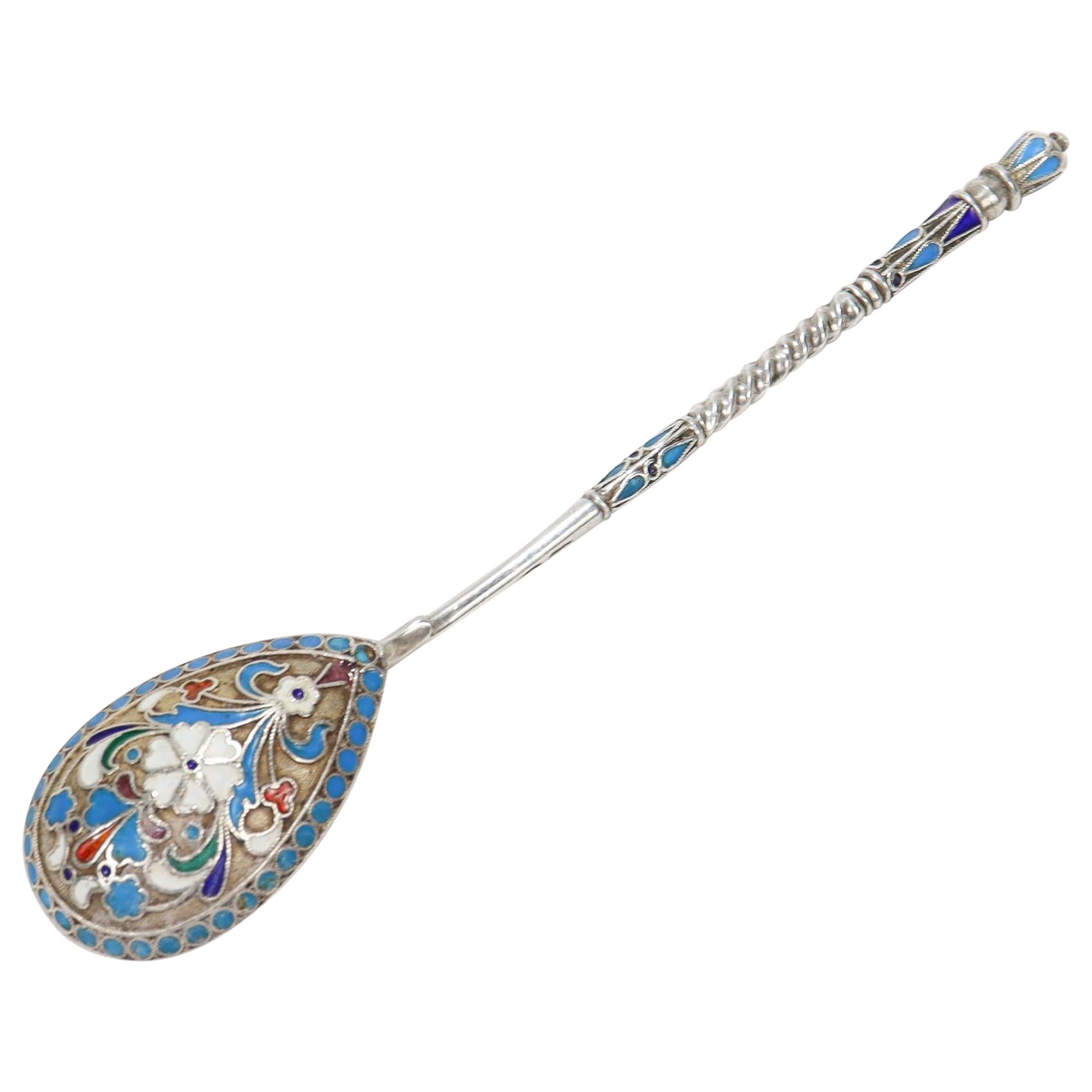 Antiker kaiserlich-russischer Löffel aus Silber und Cloisonné-Emaille