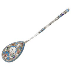 Antico cucchiaio russo imperiale in argento e smalto cloisonne
