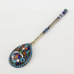 Antique Imperial Russian Silver & Cloisonne Enamel Tea or Kvosh Spoon