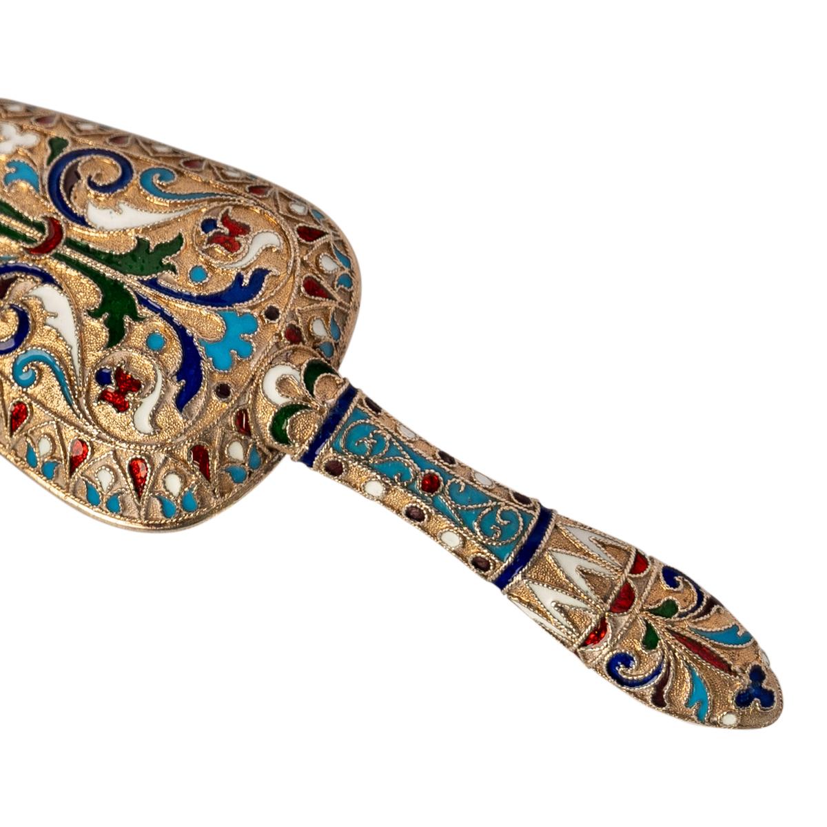 Cuillère à confiture russe impériale ancienne en argent doré et émail cloisonné Moscou 1890 en vente 2