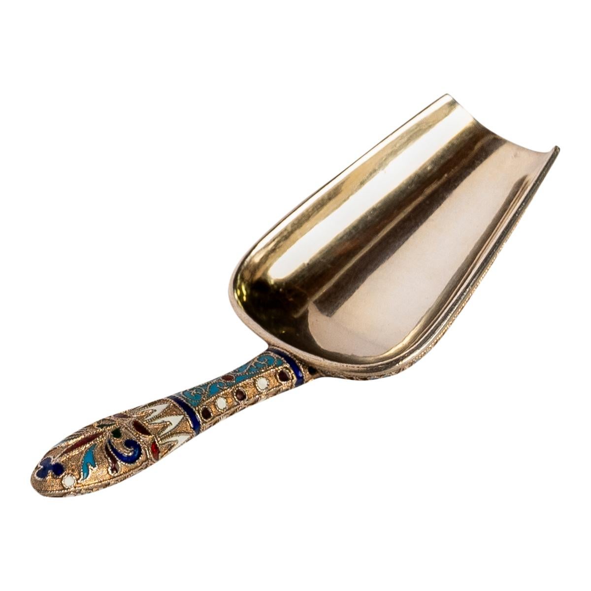 Cuillère à confiture russe impériale ancienne en argent doré et émail cloisonné Moscou 1890 en vente 3