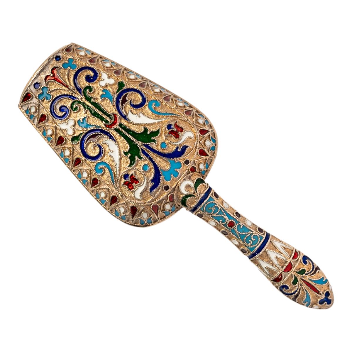 Autre Cuillère à confiture russe impériale ancienne en argent doré et émail cloisonné Moscou 1890 en vente