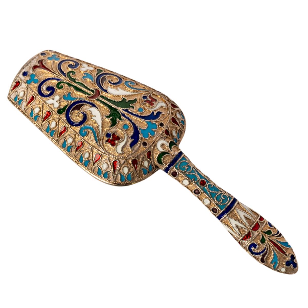 Russe Cuillère à confiture russe impériale ancienne en argent doré et émail cloisonné Moscou 1890 en vente
