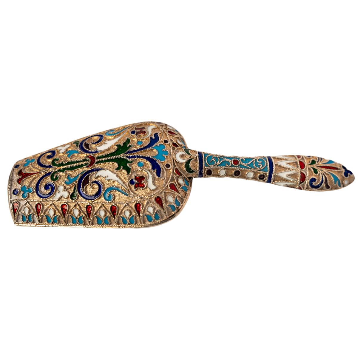 Cuillère à confiture russe impériale ancienne en argent doré et émail cloisonné Moscou 1890 Bon état - En vente à Portland, OR