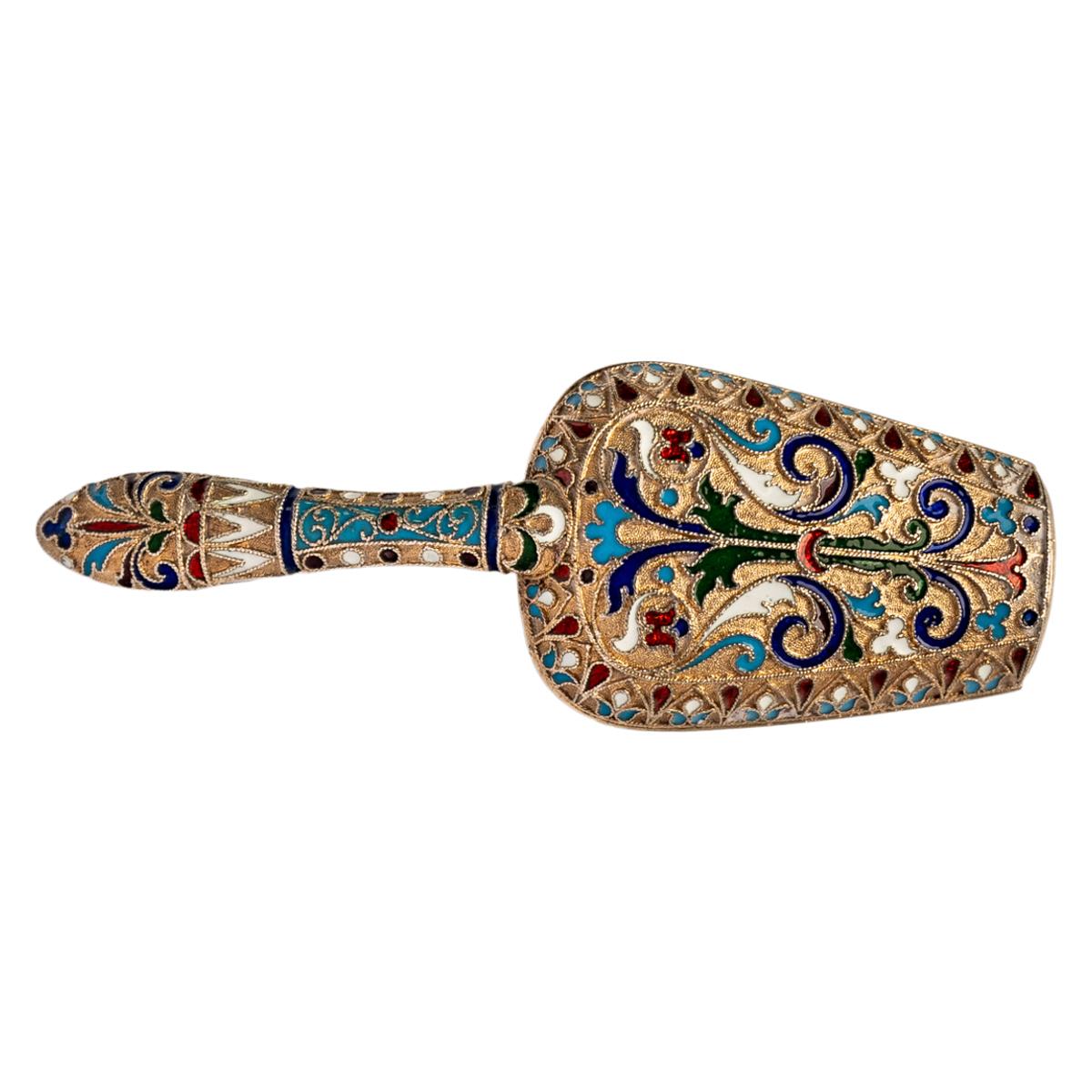 Fin du XIXe siècle Cuillère à confiture russe impériale ancienne en argent doré et émail cloisonné Moscou 1890 en vente