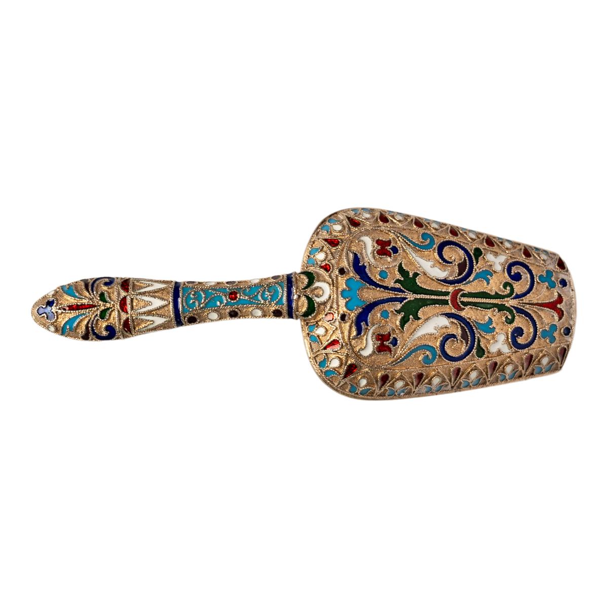 Argent Cuillère à confiture russe impériale ancienne en argent doré et émail cloisonné Moscou 1890 en vente