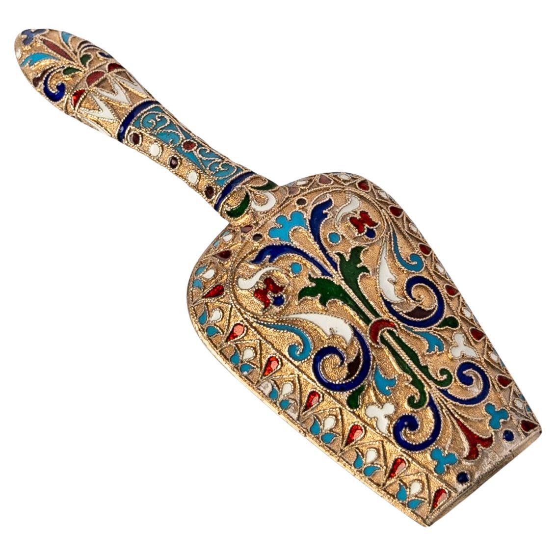 Antigua cuchara imperial rusa de plata dorada y esmalte cloisonné Moscú 1890