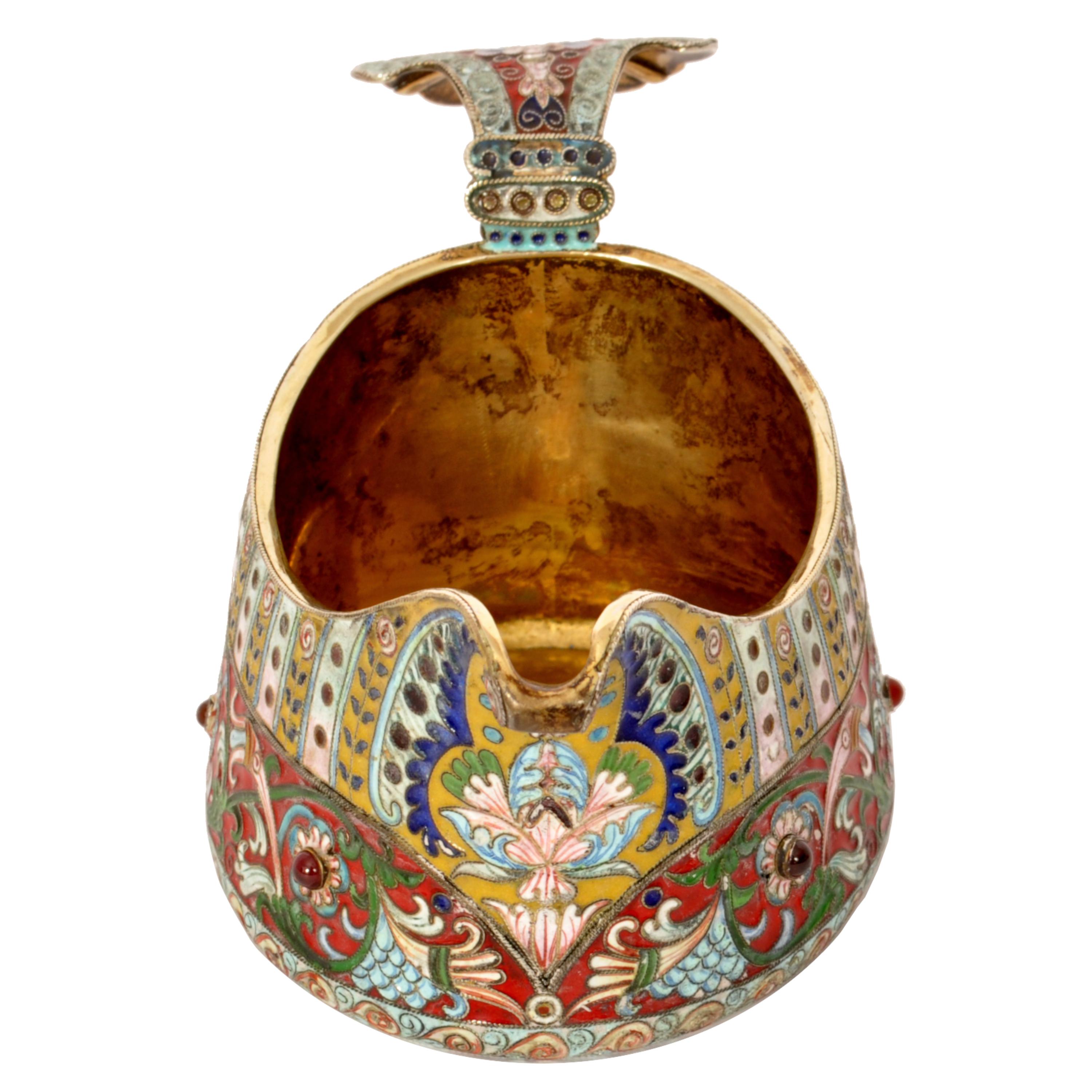 Antique Imperial Russian Silver Gilt Cloisonne Enamel Jeweled Fabergé Kovsh 1908 For Sale 3