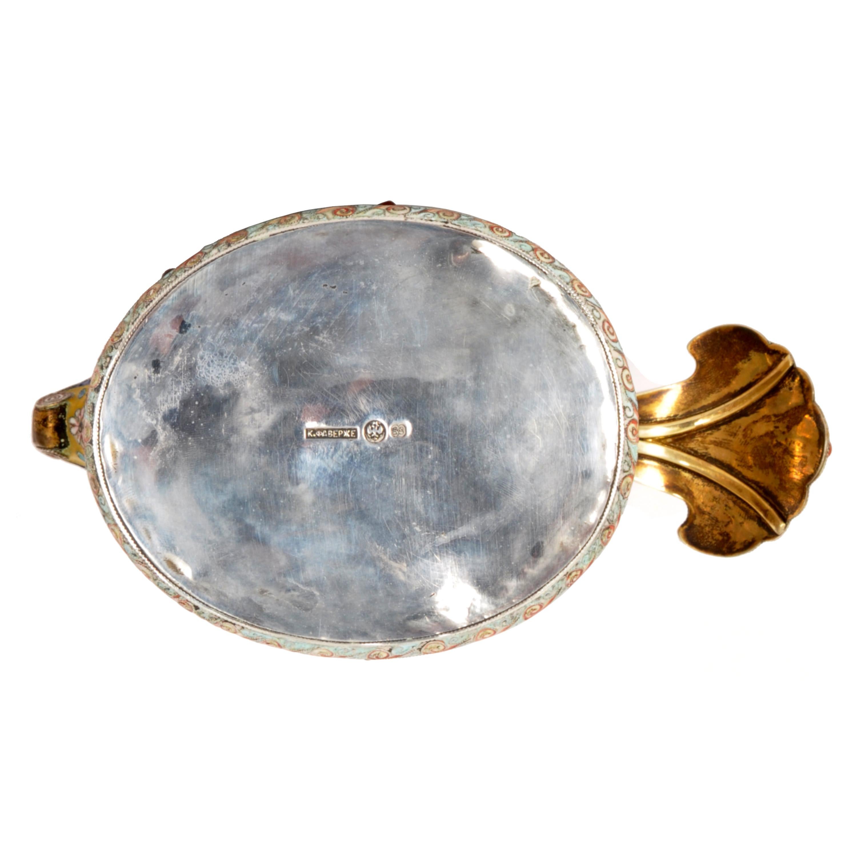 Antique Imperial Russian Silver Gilt Cloisonne Enamel Jeweled Fabergé Kovsh 1908 For Sale 6