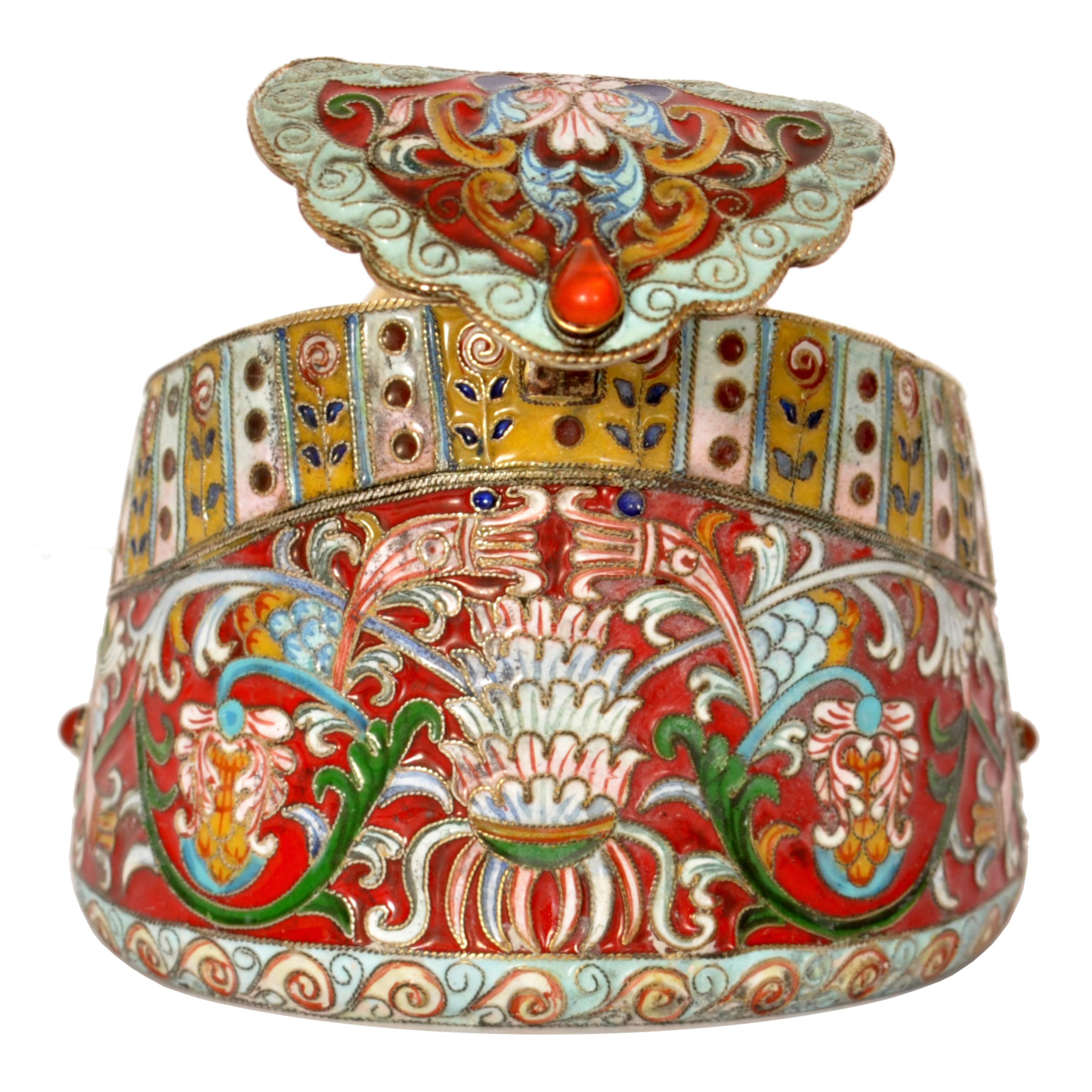 Early 20th Century Antique Imperial Russian Silver Gilt Cloisonne Enamel Jeweled Fabergé Kovsh 1908 For Sale
