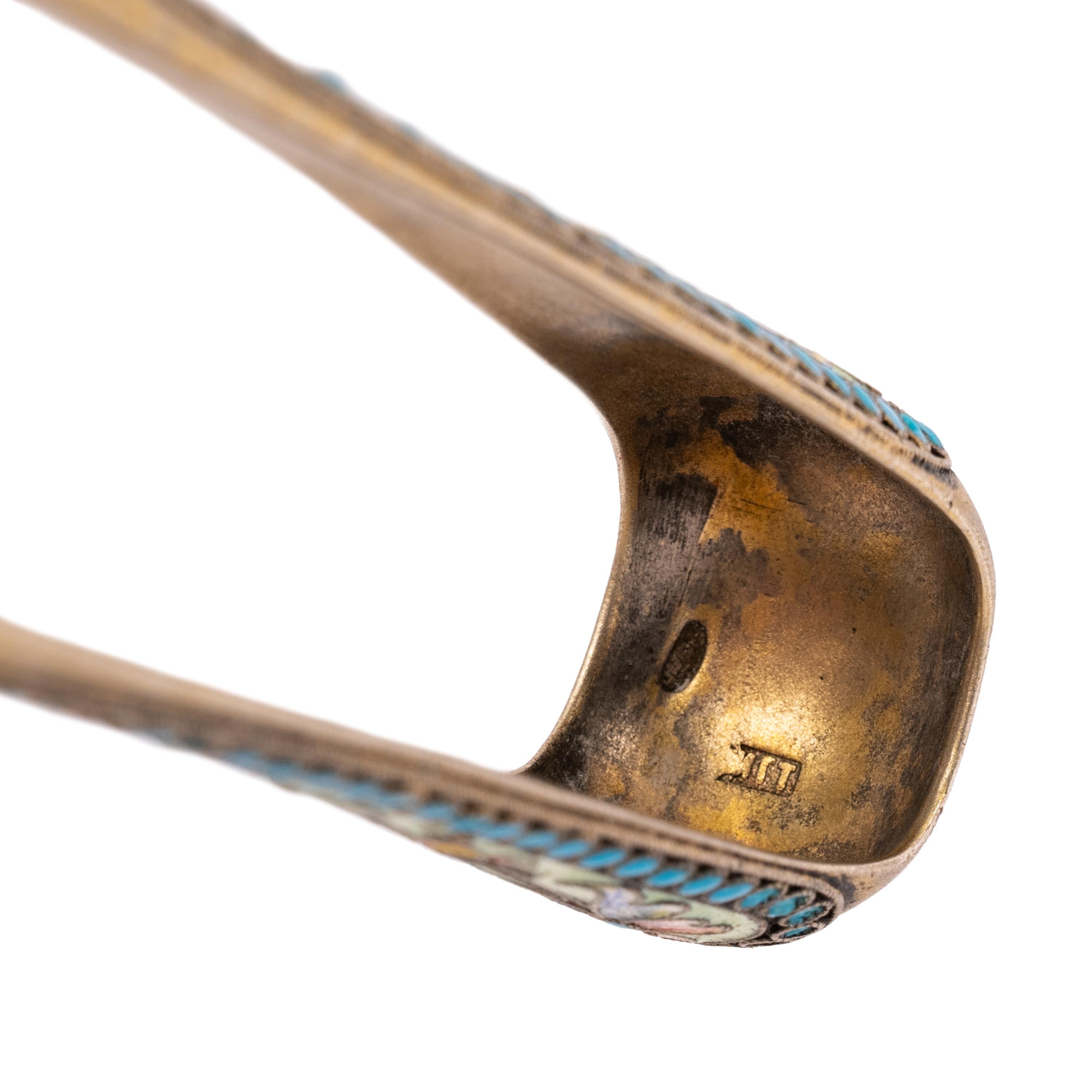Antique Imperial Russian Silver Gilt Cloisonne Enamel Sugar tongs Moscow 1890 For Sale 5