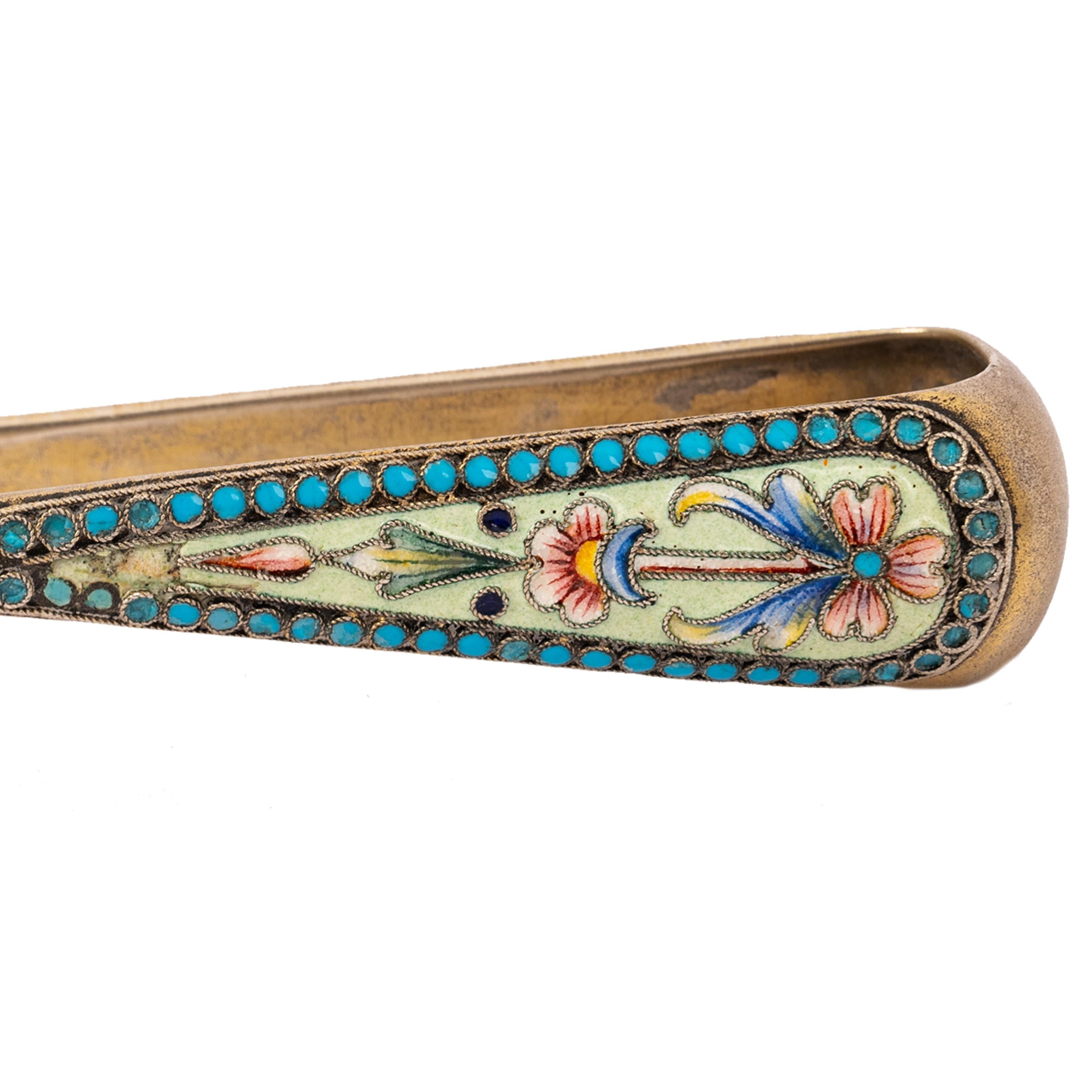 Belle Époque Antique Imperial Russian Silver Gilt Cloisonne Enamel Sugar tongs Moscow 1890 For Sale
