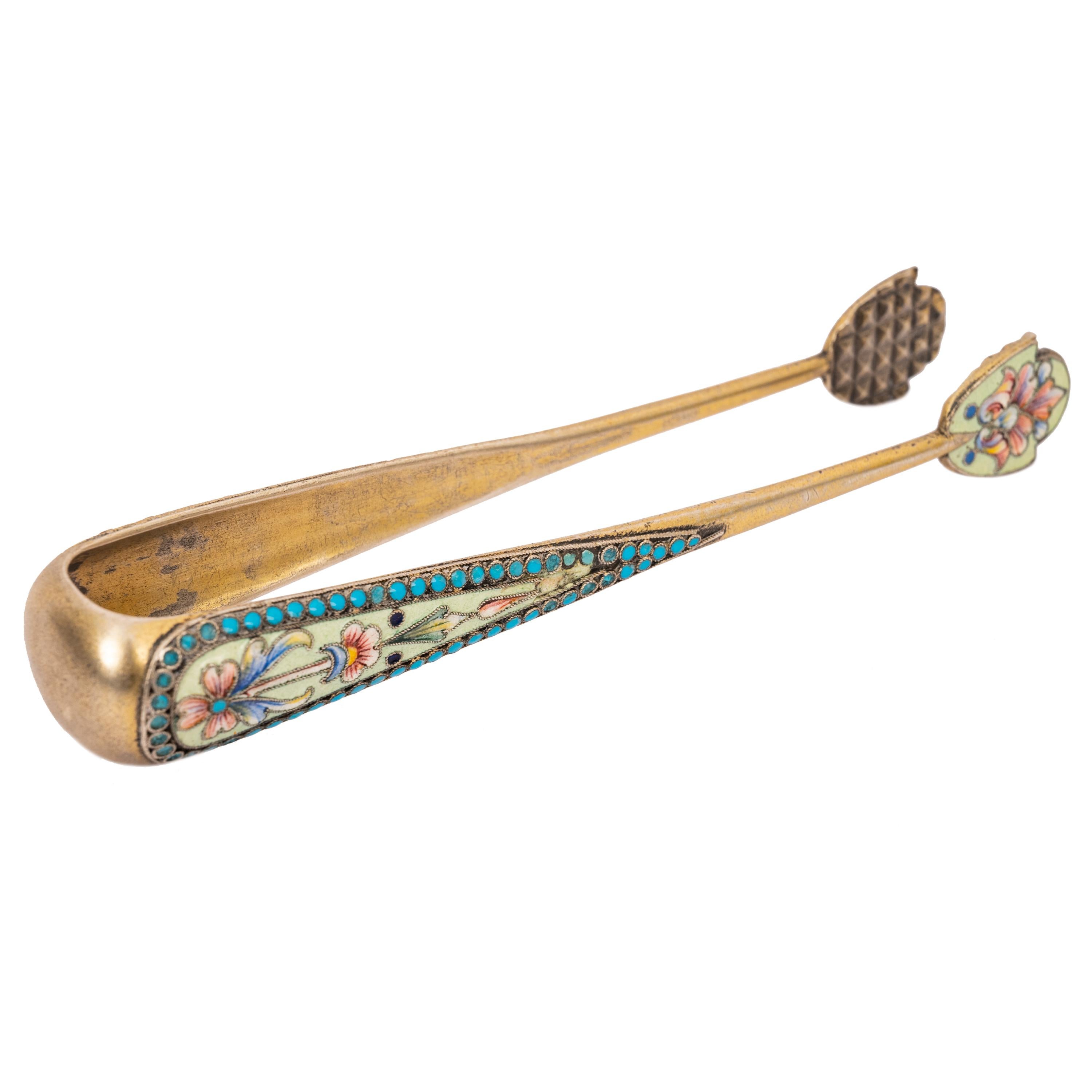 Cloissoné Antique Imperial Russian Silver Gilt Cloisonne Enamel Sugar tongs Moscow 1890 For Sale