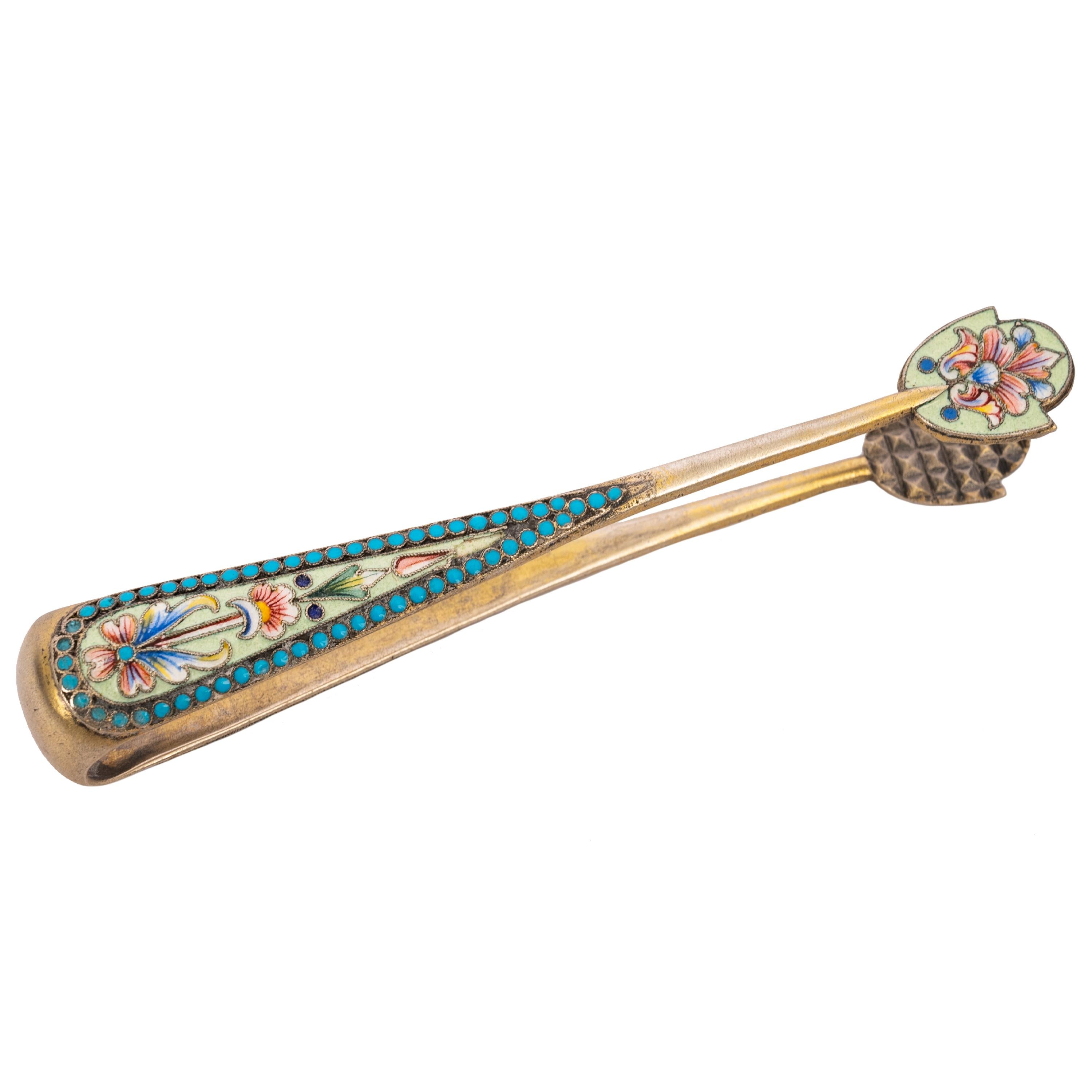 Antique Imperial Russian Silver Gilt Cloisonne Enamel Sugar tongs Moscow 1890 In Good Condition For Sale In Portland, OR