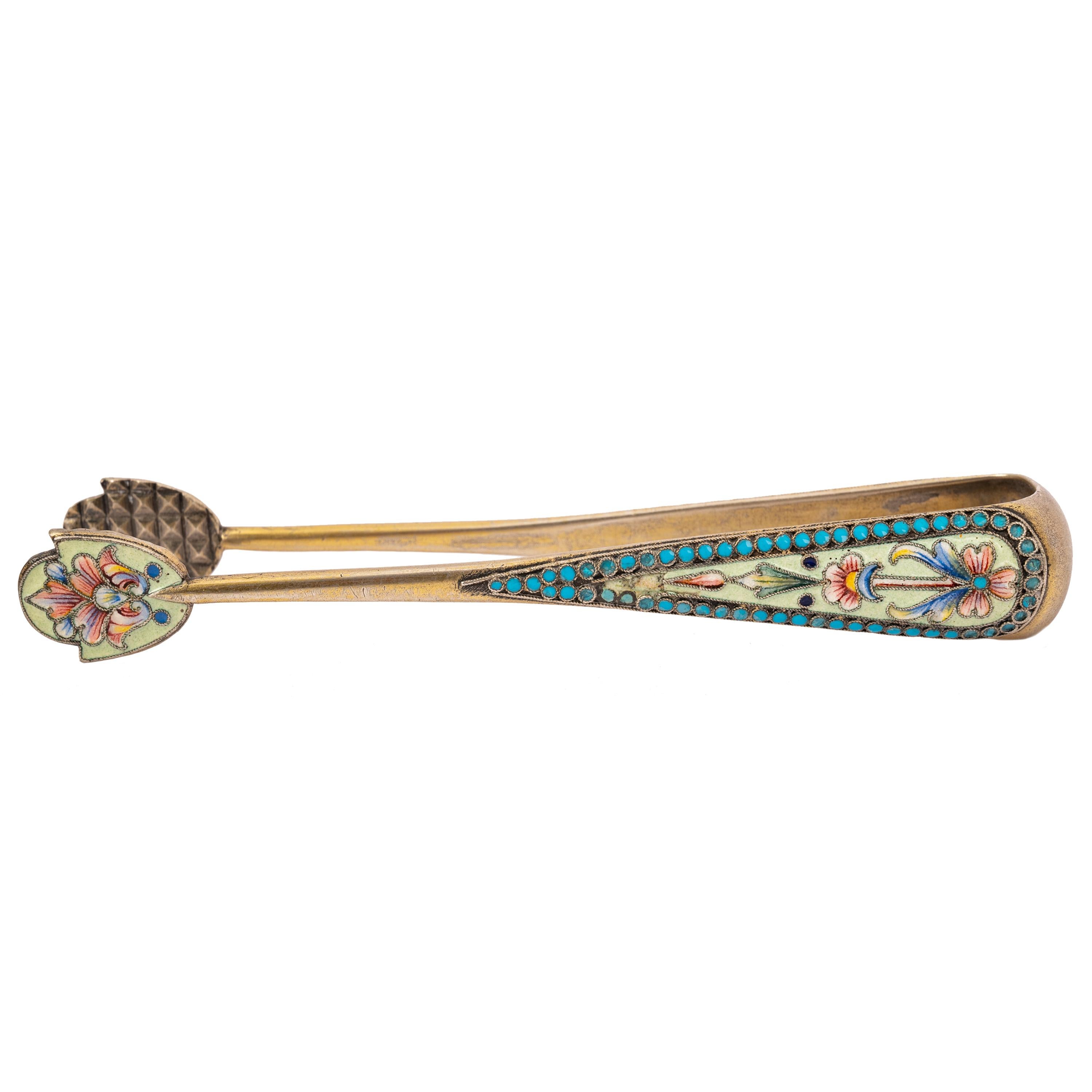 Antique Imperial Russian Silver Gilt Cloisonne Enamel Sugar tongs Moscow 1890 For Sale 1