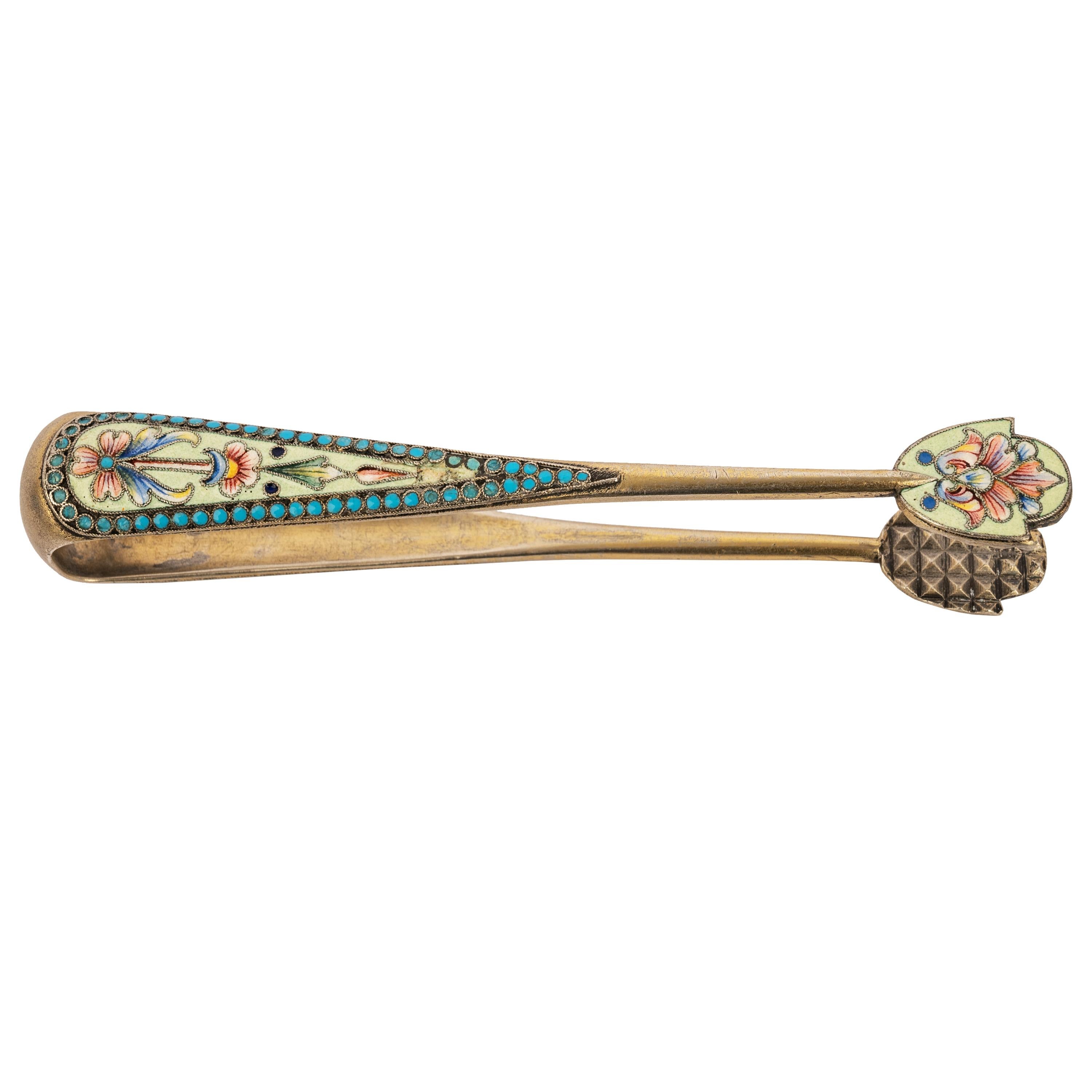 Antique Imperial Russian Silver Gilt Cloisonne Enamel Sugar tongs Moscow 1890 For Sale 2