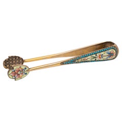 Antique Imperial Russian Silver Gilt Cloisonne Enamel Sugar tongs Moscow 1890