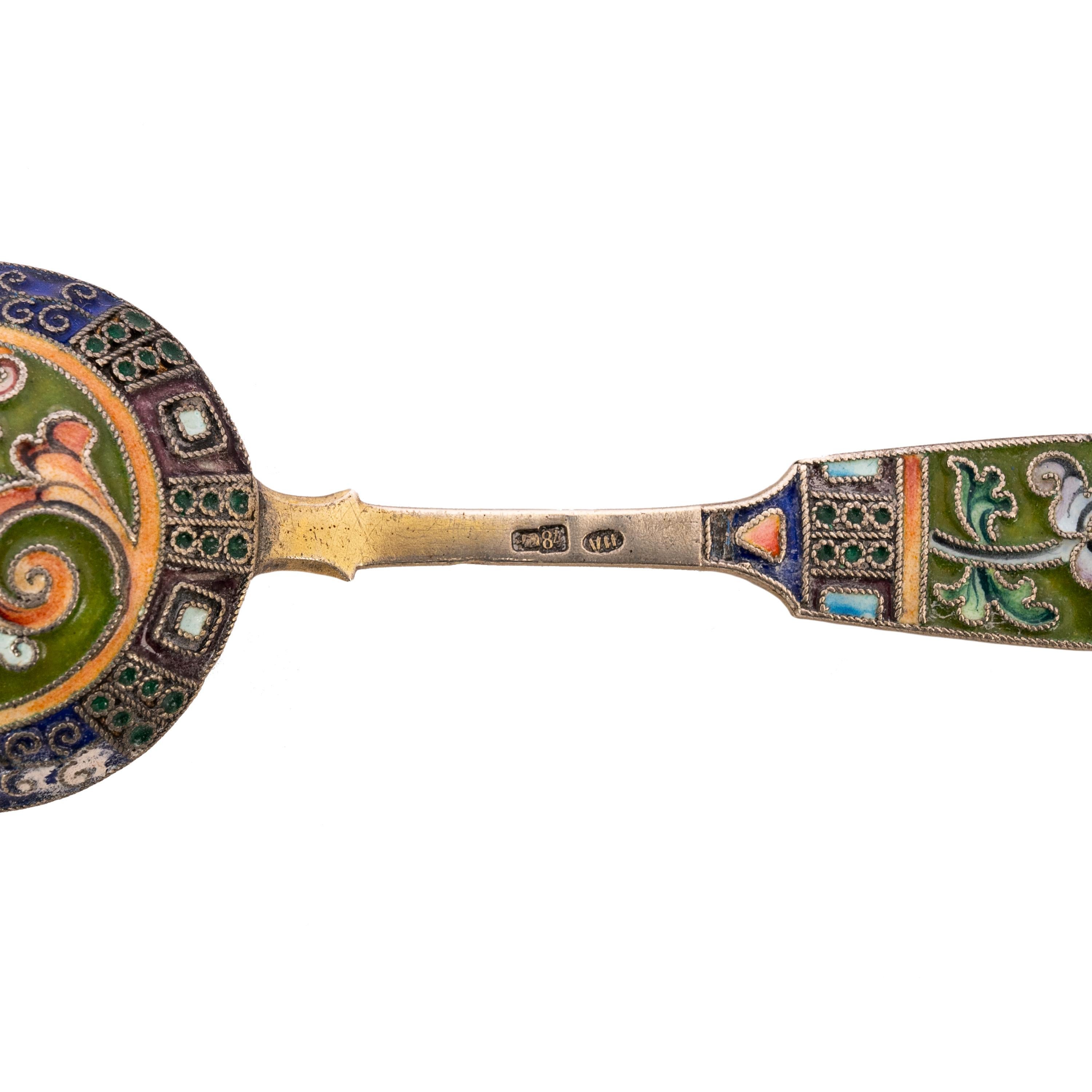 Antique Imperial Russian Silver Gilt Cloisonné Shovel Caddy Spoon Moscow, 1908 For Sale 4