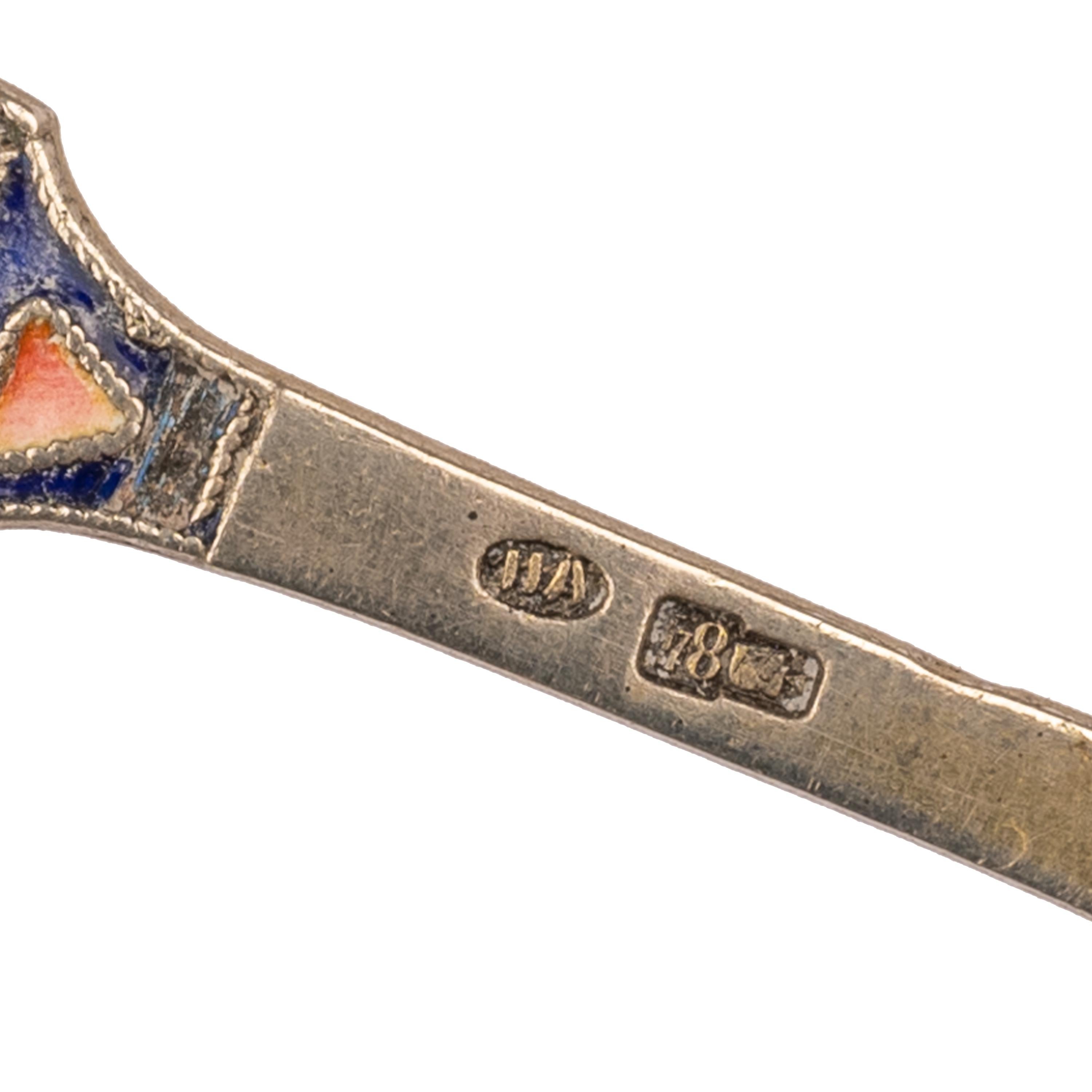 Antique Imperial Russian Silver Gilt Cloisonné Shovel Caddy Spoon Moscow, 1908 For Sale 5