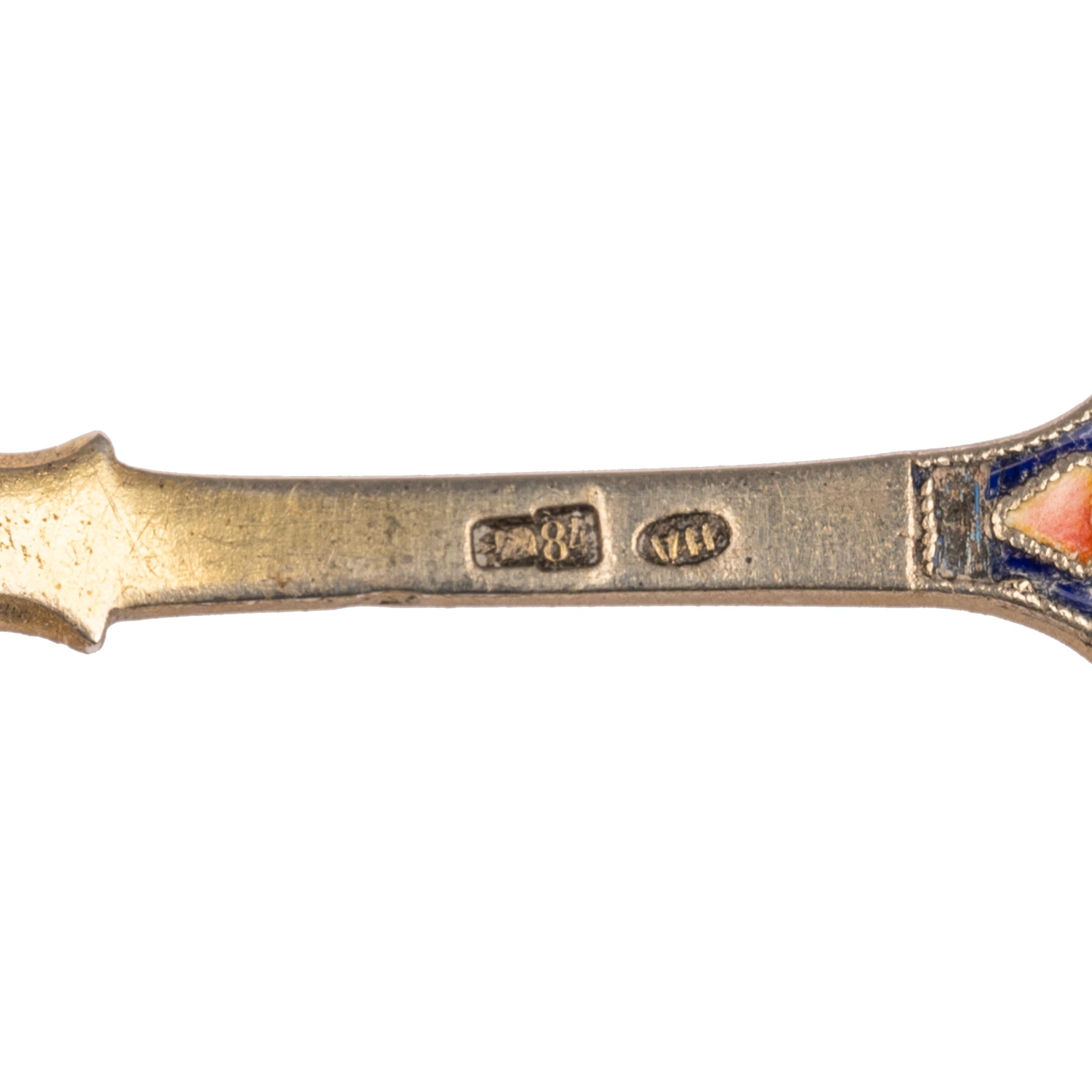 Antique Imperial Russian Silver Gilt Cloisonné Shovel Caddy Spoon Moscow, 1908 For Sale 6