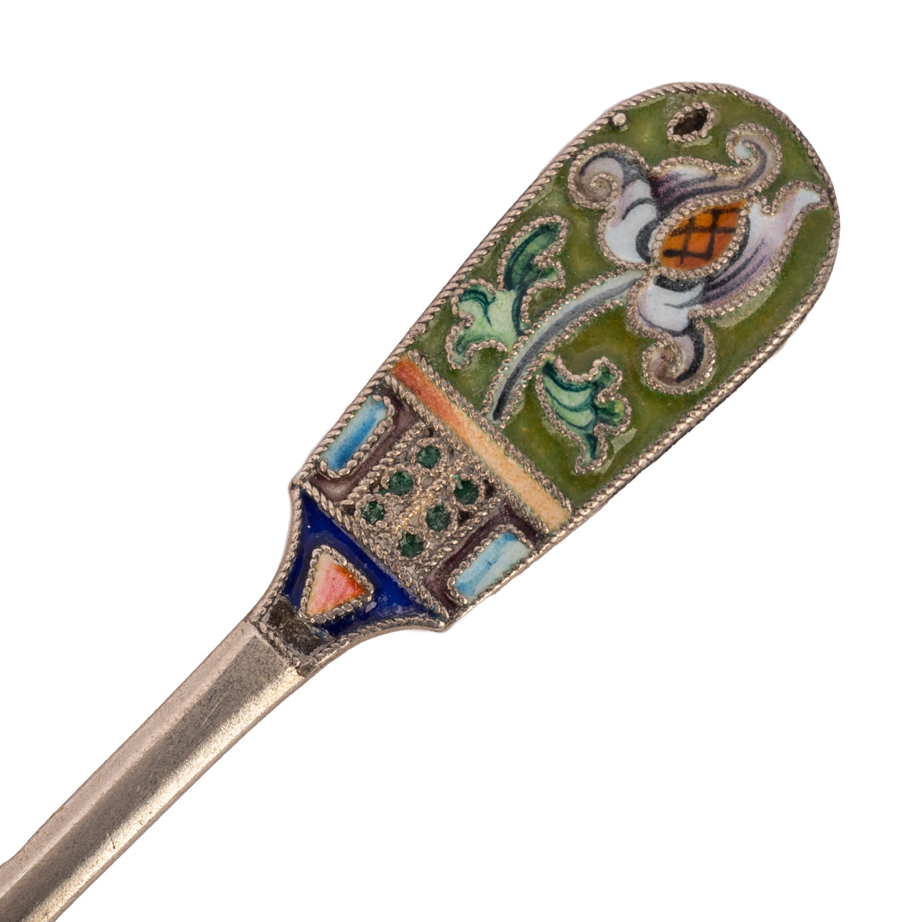 Antique Imperial Russian Silver Gilt Cloisonné Shovel Caddy Spoon Moscow, 1908 For Sale 7