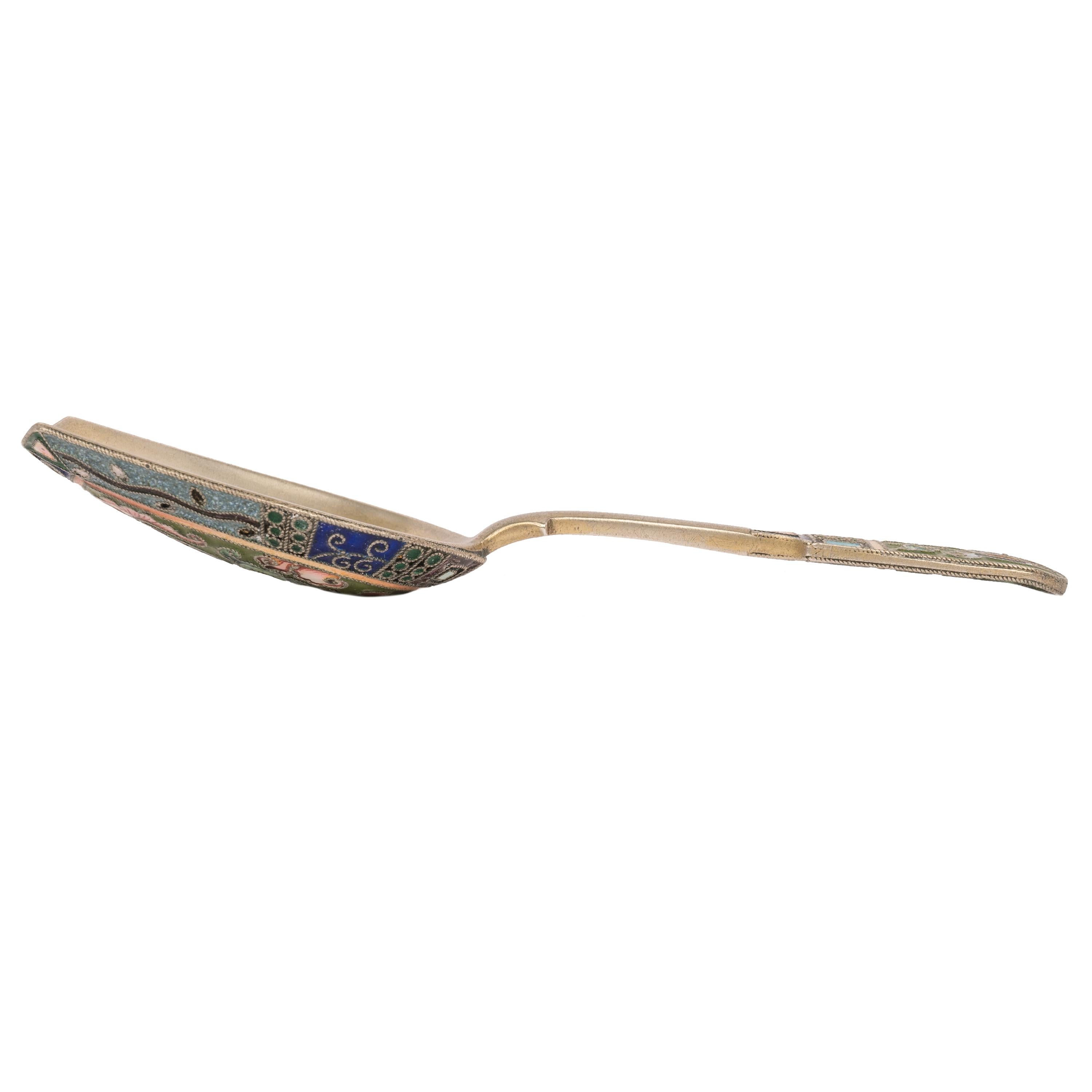 Antique Imperial Russian Silver Gilt Cloisonné Shovel Caddy Spoon Moscow, 1908 For Sale 8