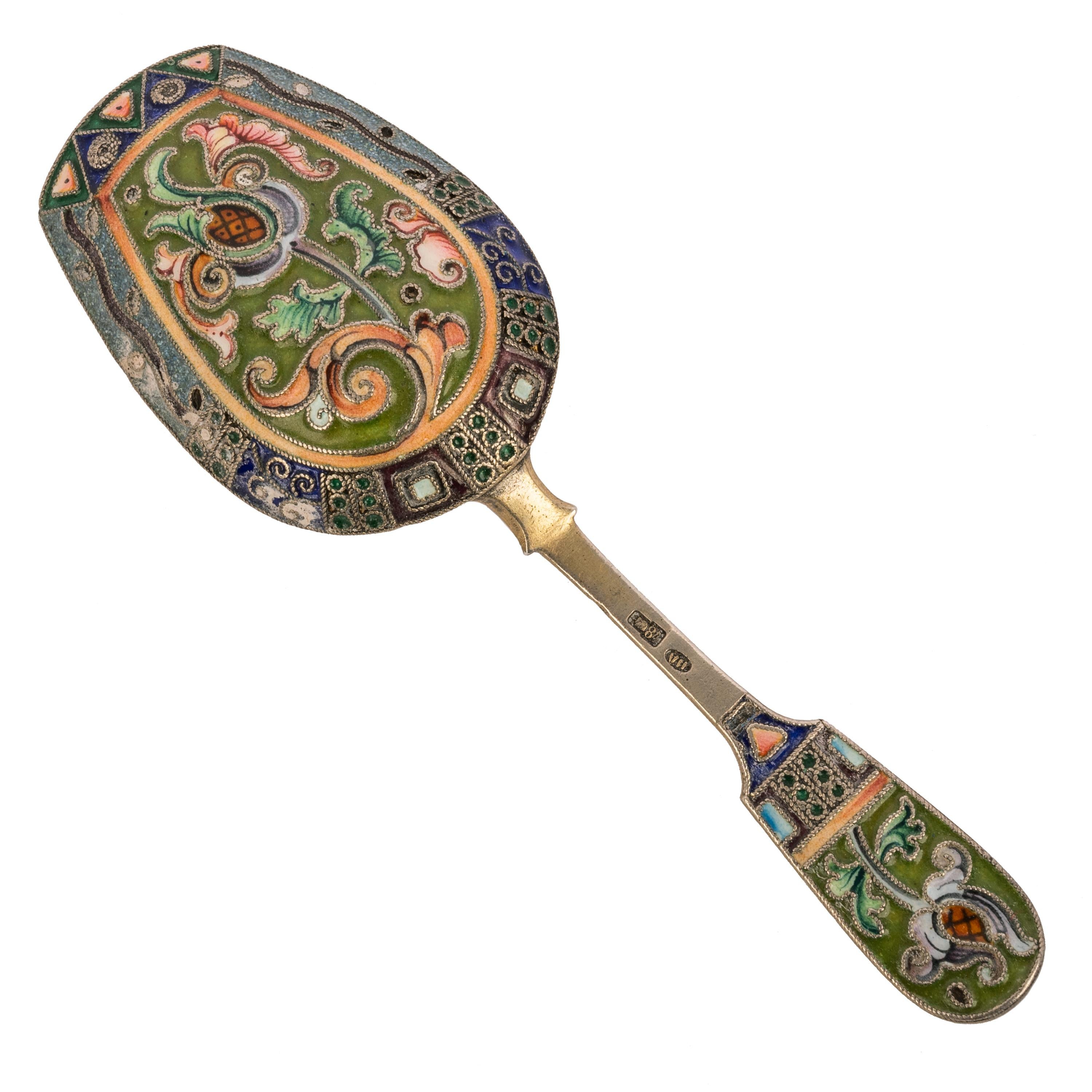 Baltic Antique Imperial Russian Silver Gilt Cloisonné Shovel Caddy Spoon Moscow, 1908 For Sale