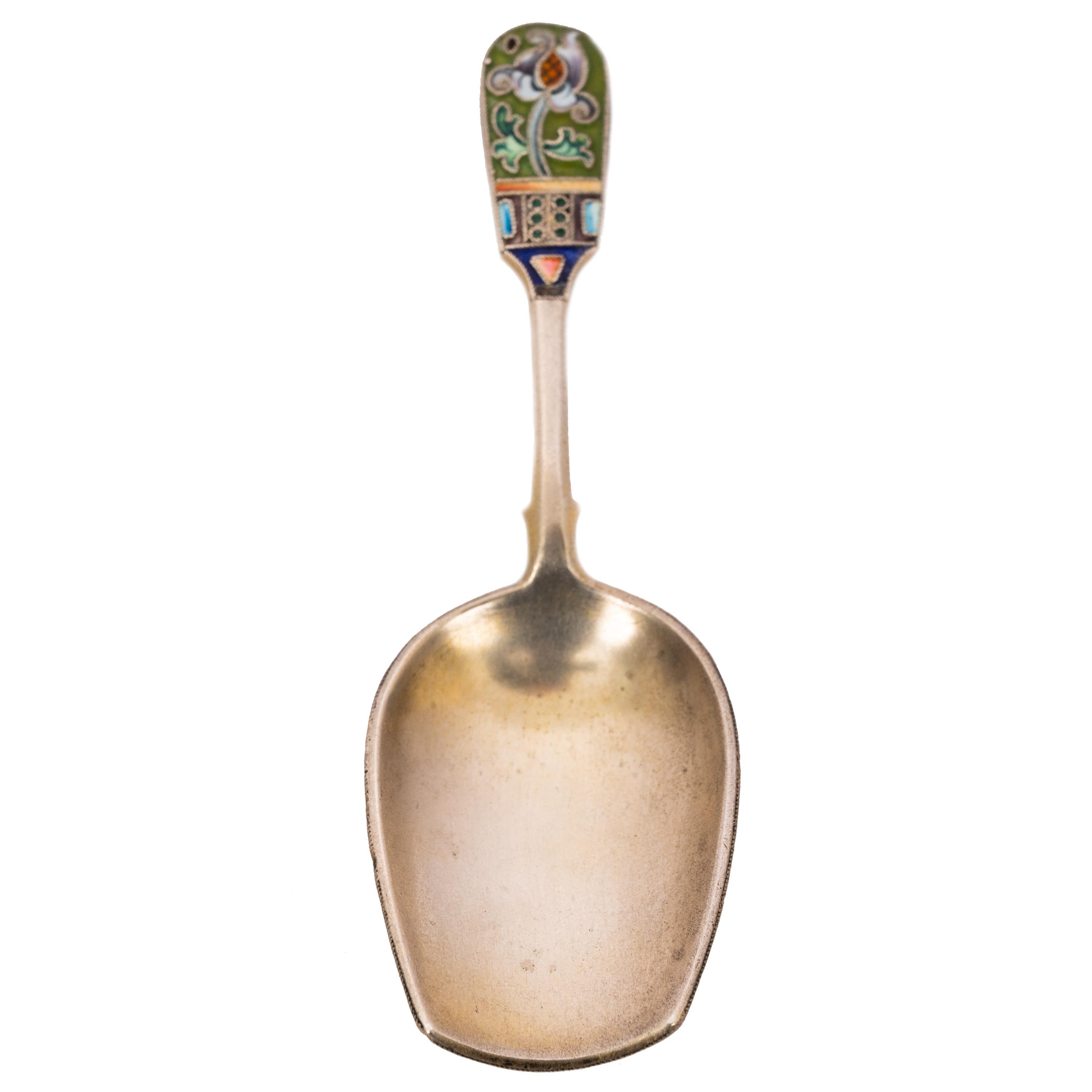 Early 20th Century Antique Imperial Russian Silver Gilt Cloisonné Shovel Caddy Spoon Moscow, 1908 For Sale