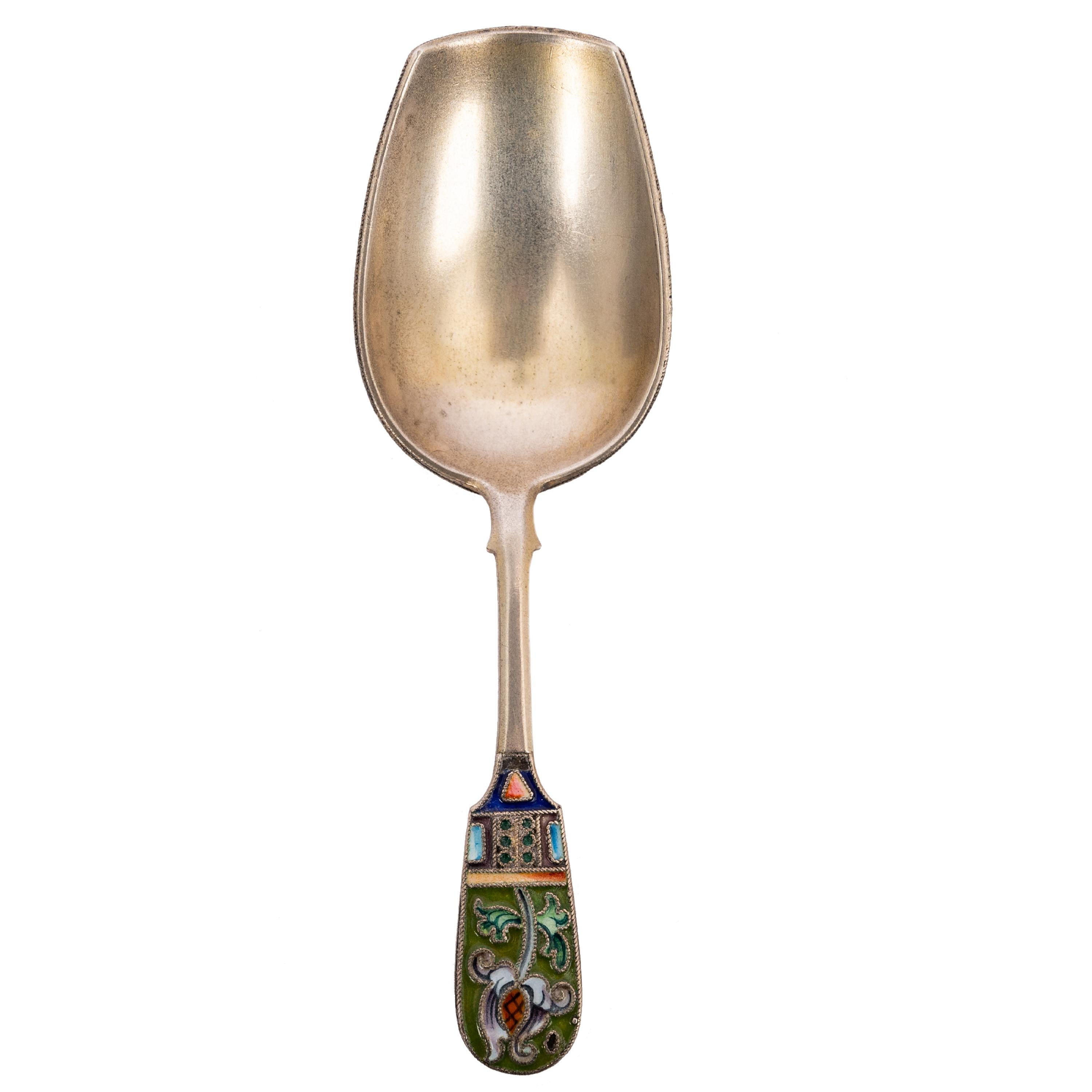 Antique Imperial Russian Silver Gilt Cloisonné Shovel Caddy Spoon Moscow, 1908 For Sale 1