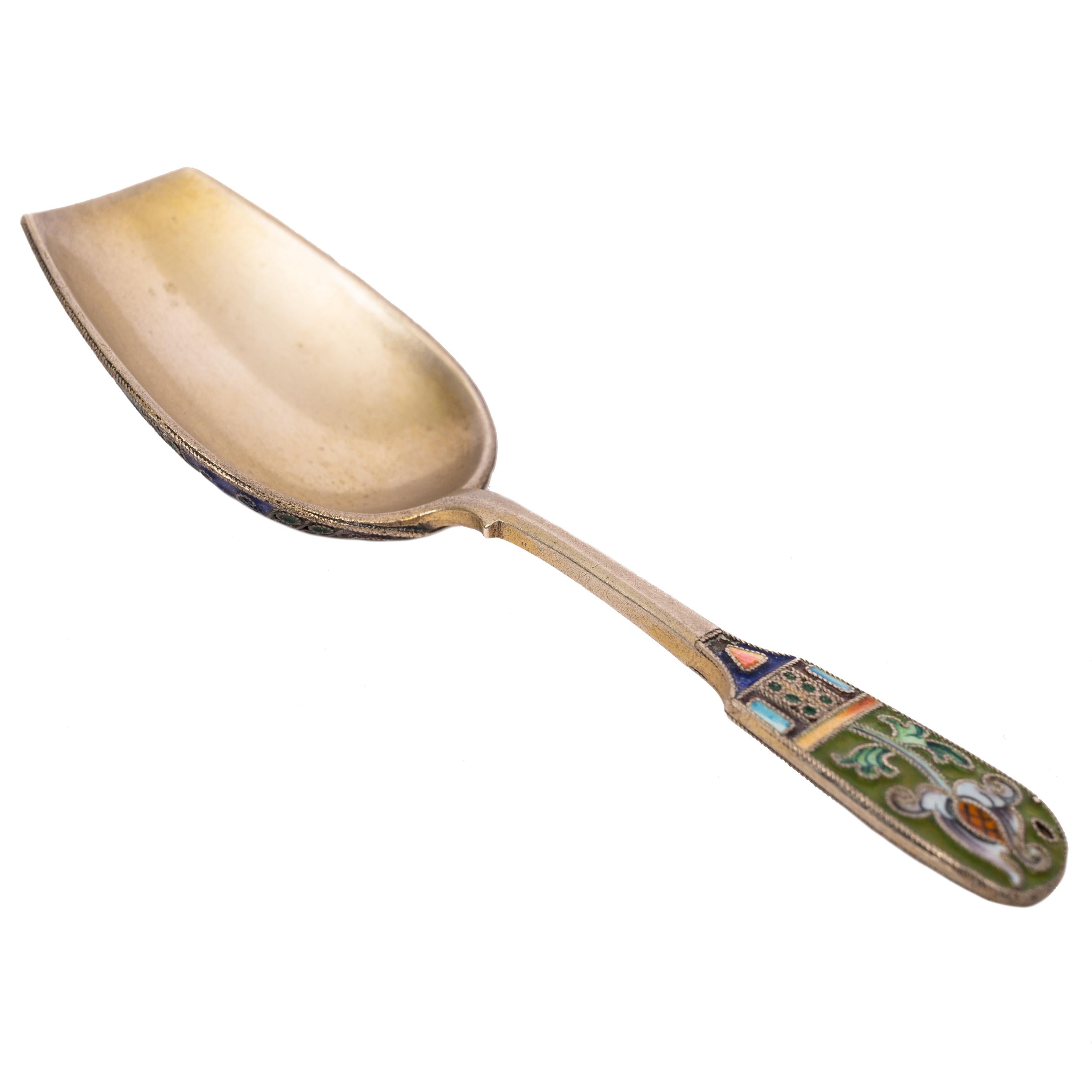 Antique Imperial Russian Silver Gilt Cloisonné Shovel Caddy Spoon Moscow, 1908 For Sale 2