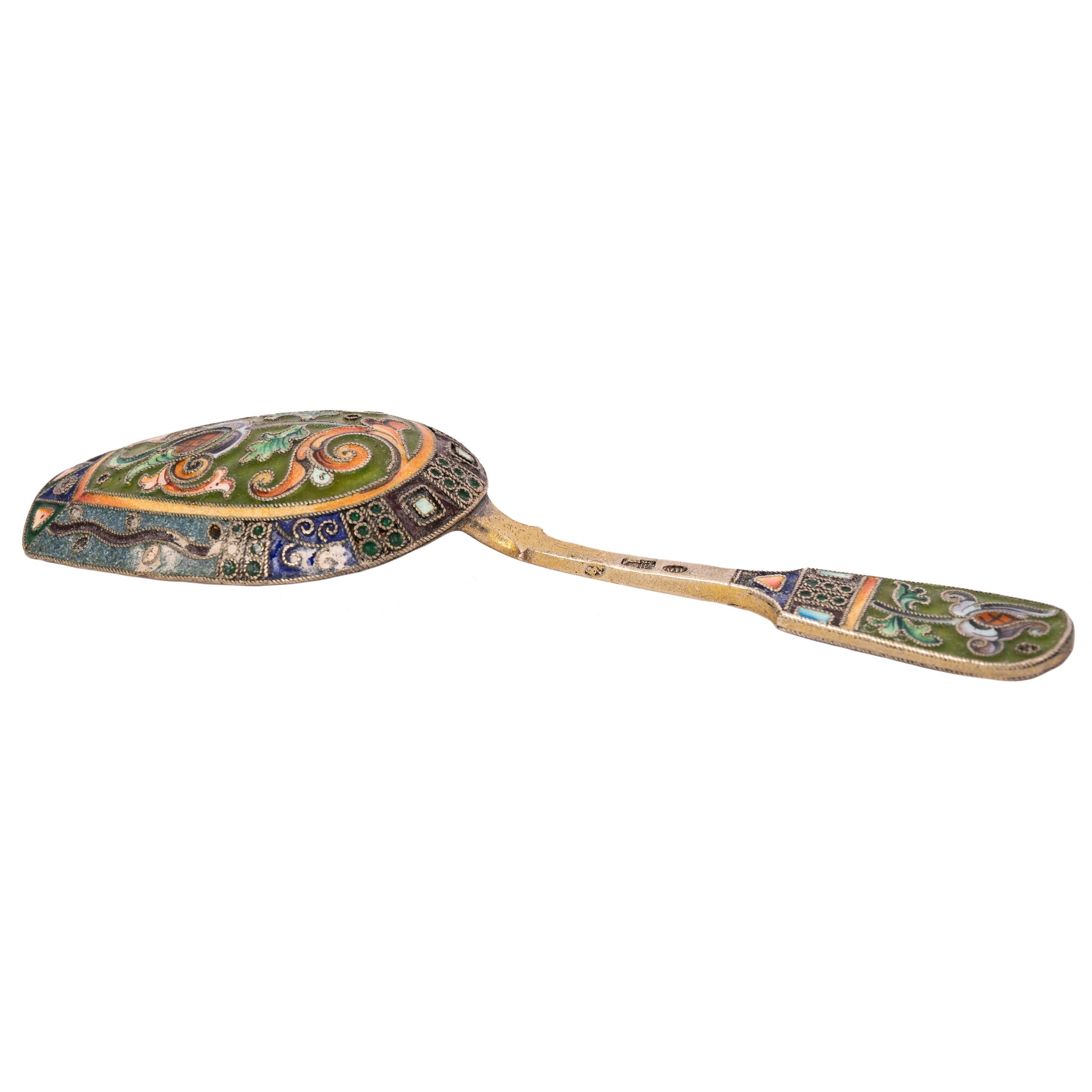 Antique Imperial Russian Silver Gilt Cloisonné Shovel Caddy Spoon Moscow, 1908 For Sale 3