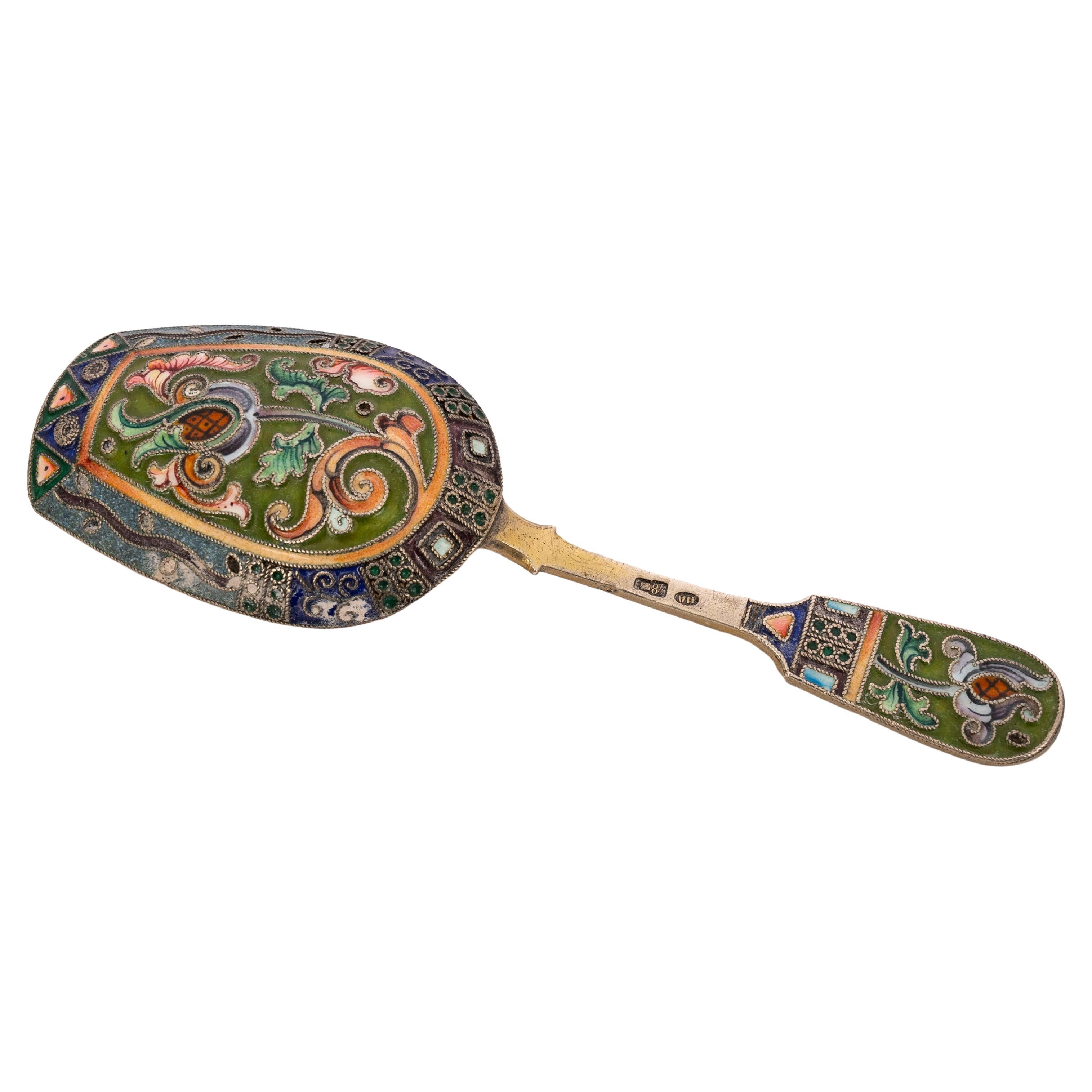 Antique Imperial Russian Silver Gilt Cloisonné Shovel Caddy Spoon Moscow, 1908 For Sale