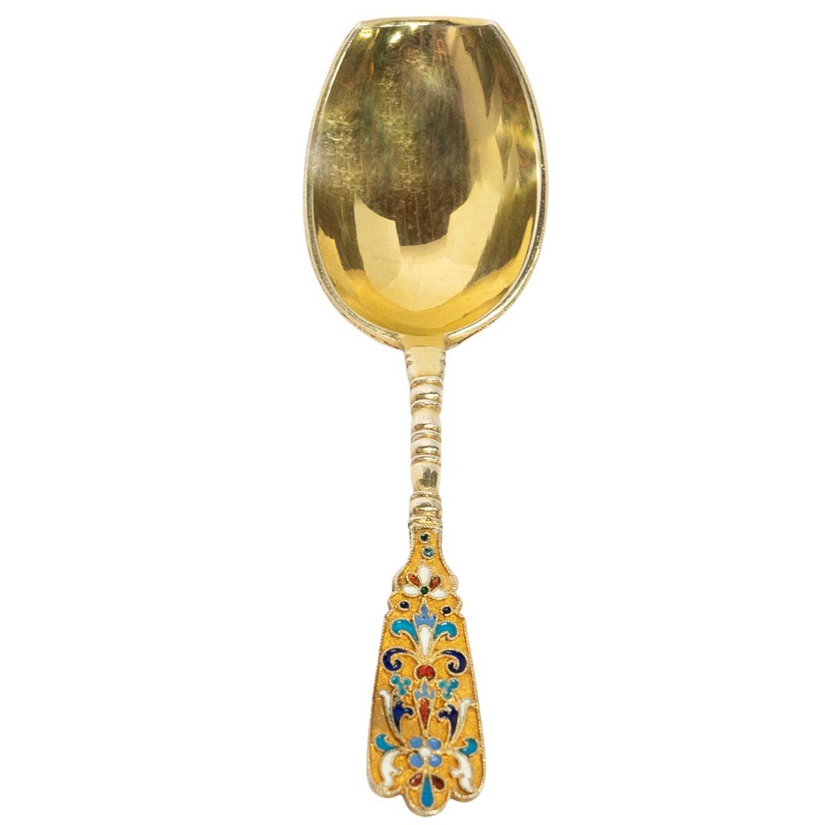 Cuchara de té imperial rusa antigua de plata dorada Cloisonné Moscú 1880 Otro en venta
