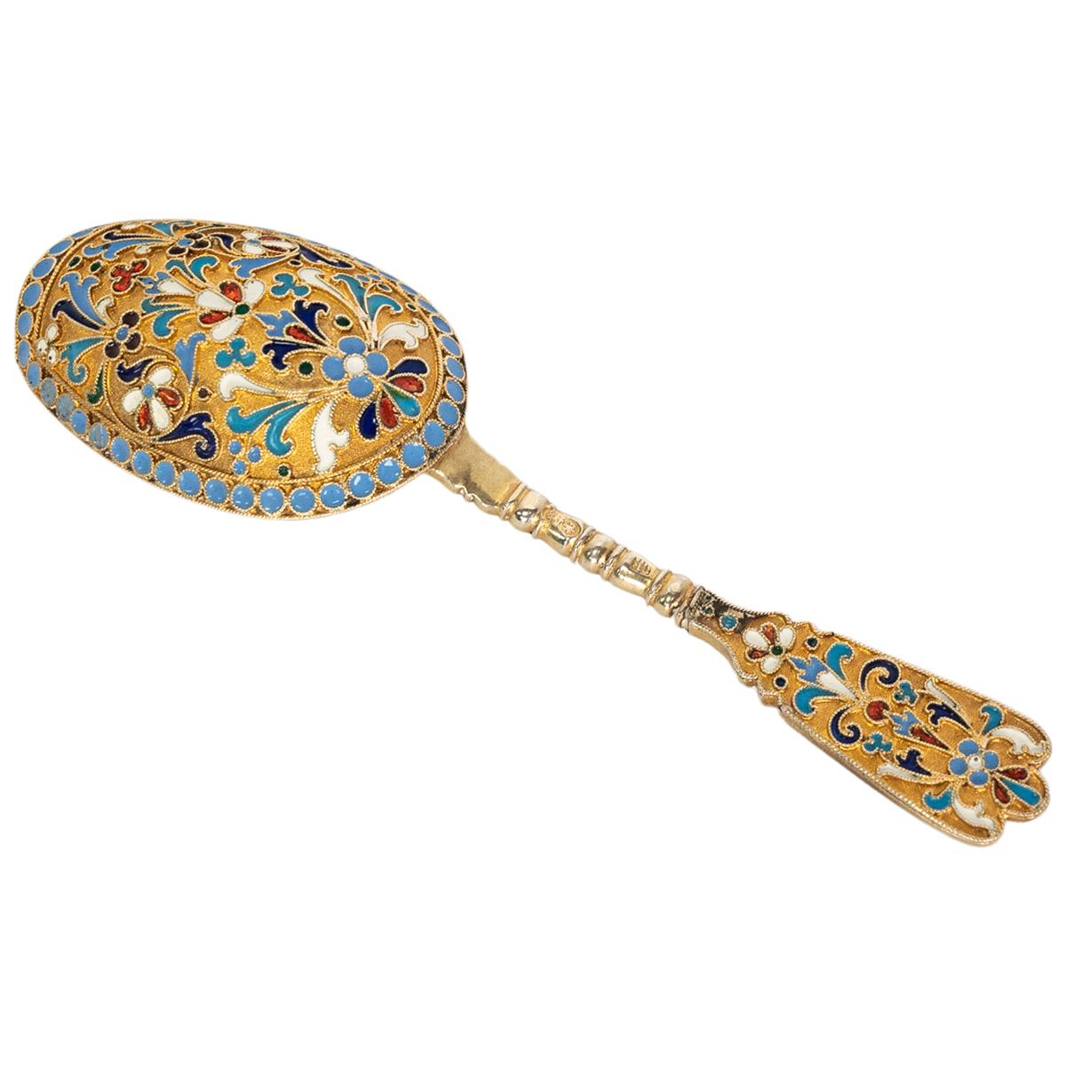 Cuchara de té imperial rusa antigua de plata dorada Cloisonné Moscú 1880 Ruso en venta