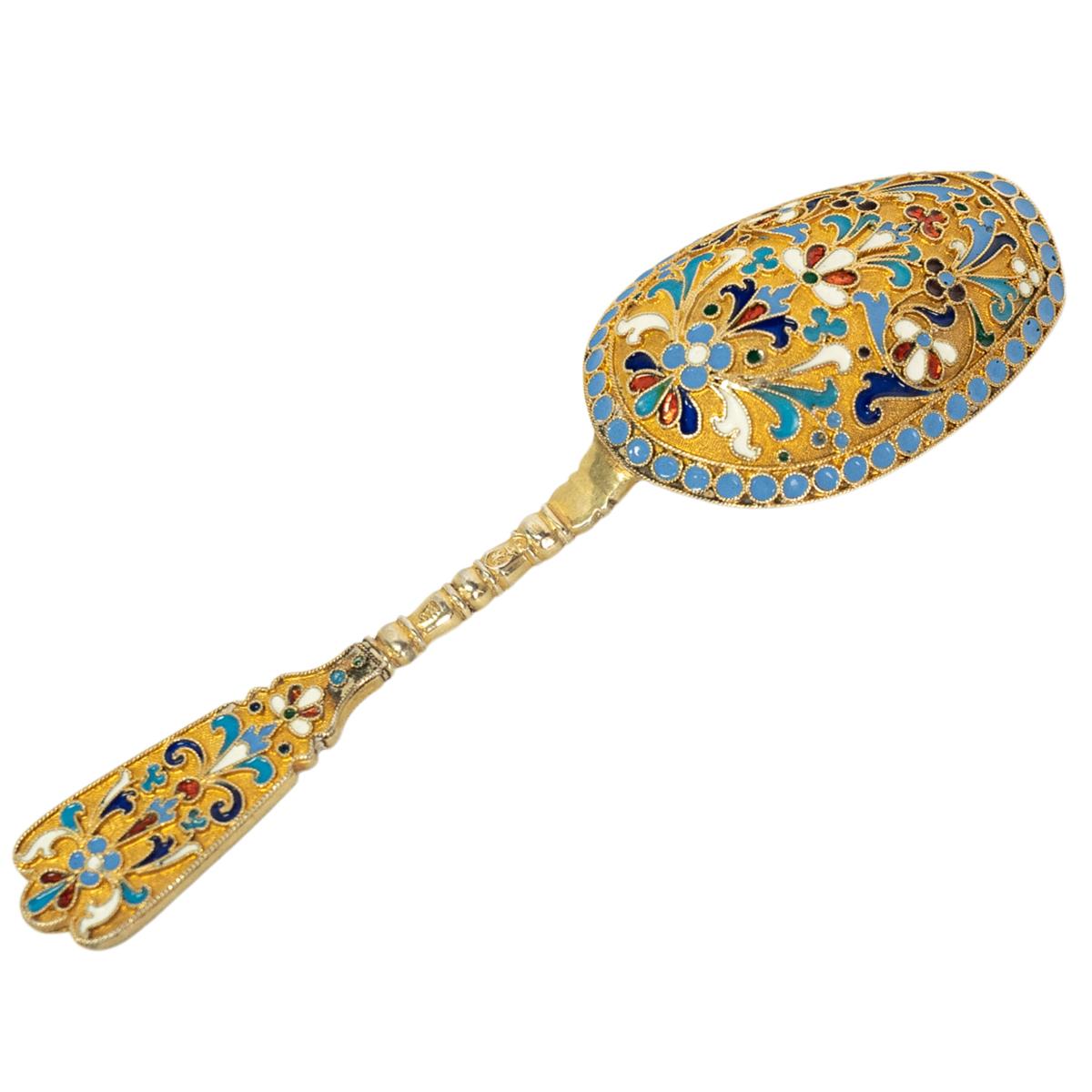 Cuchara de té imperial rusa antigua de plata dorada Cloisonné Moscú 1880 Cloissoné en venta