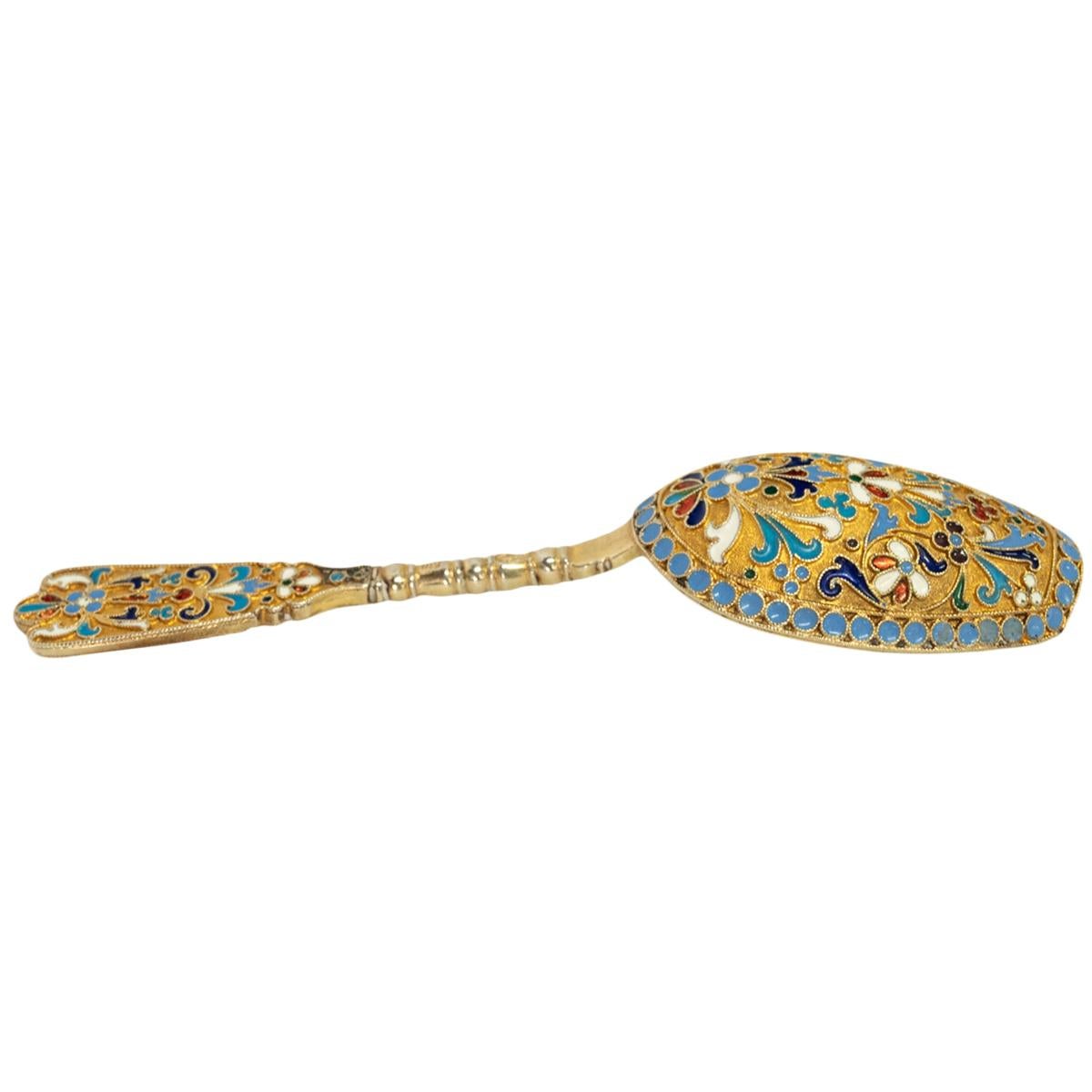 Cuchara de té imperial rusa antigua de plata dorada Cloisonné Moscú 1880 en Bueno estado para la venta en Portland, OR