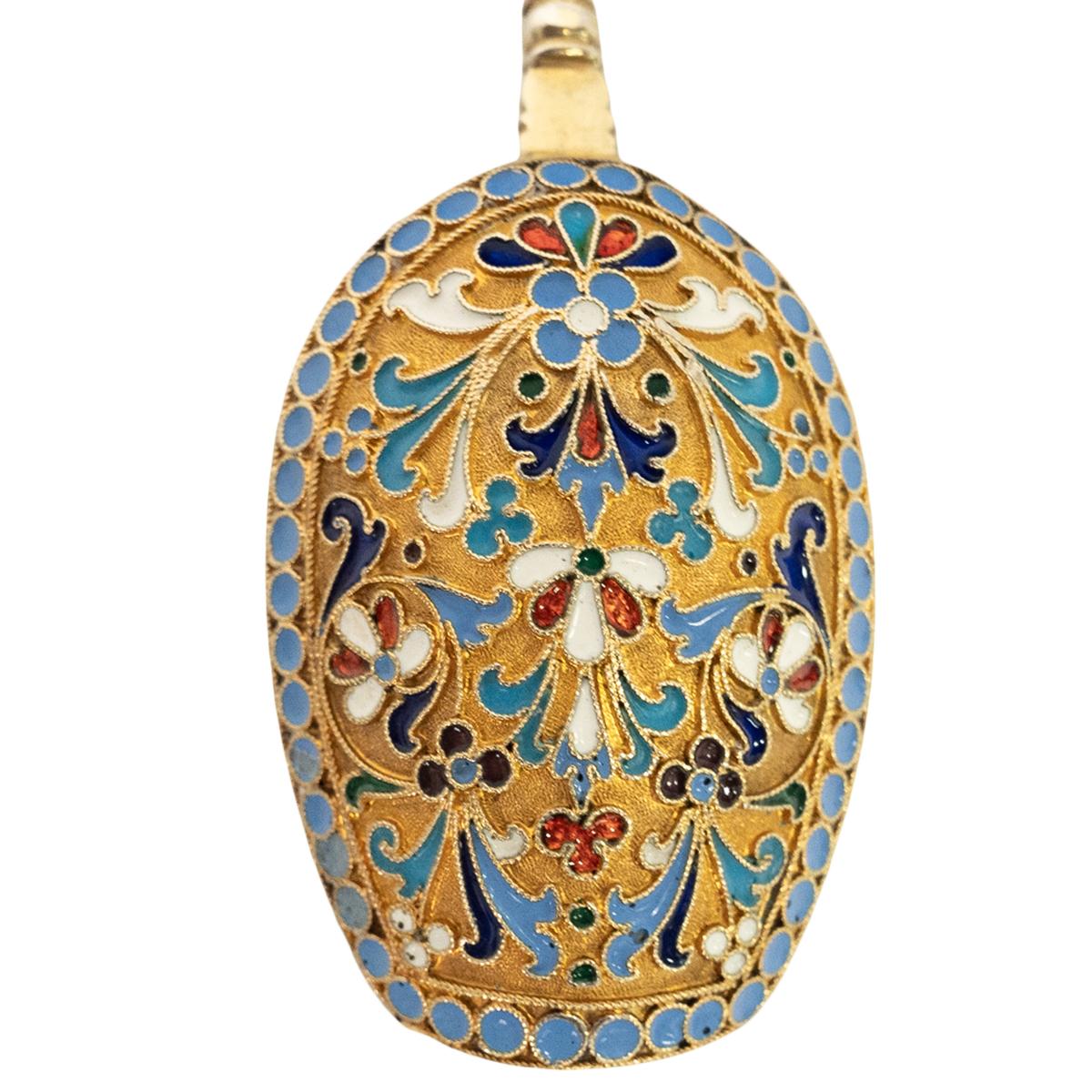 Cuchara de té imperial rusa antigua de plata dorada Cloisonné Moscú 1880 Fines del siglo XIX en venta