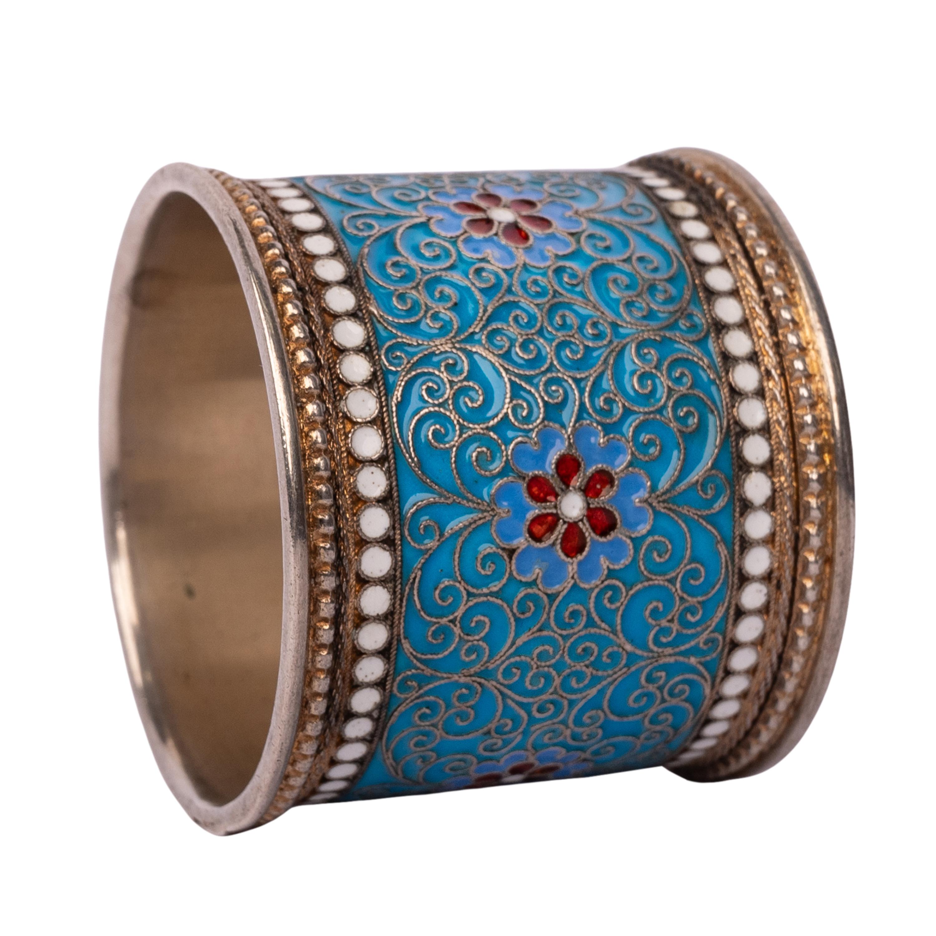 Late 19th Century Antique Imperial Russian Silver Gold Cloisonne Enamel Napkin Ring Moscow 1896 For Sale