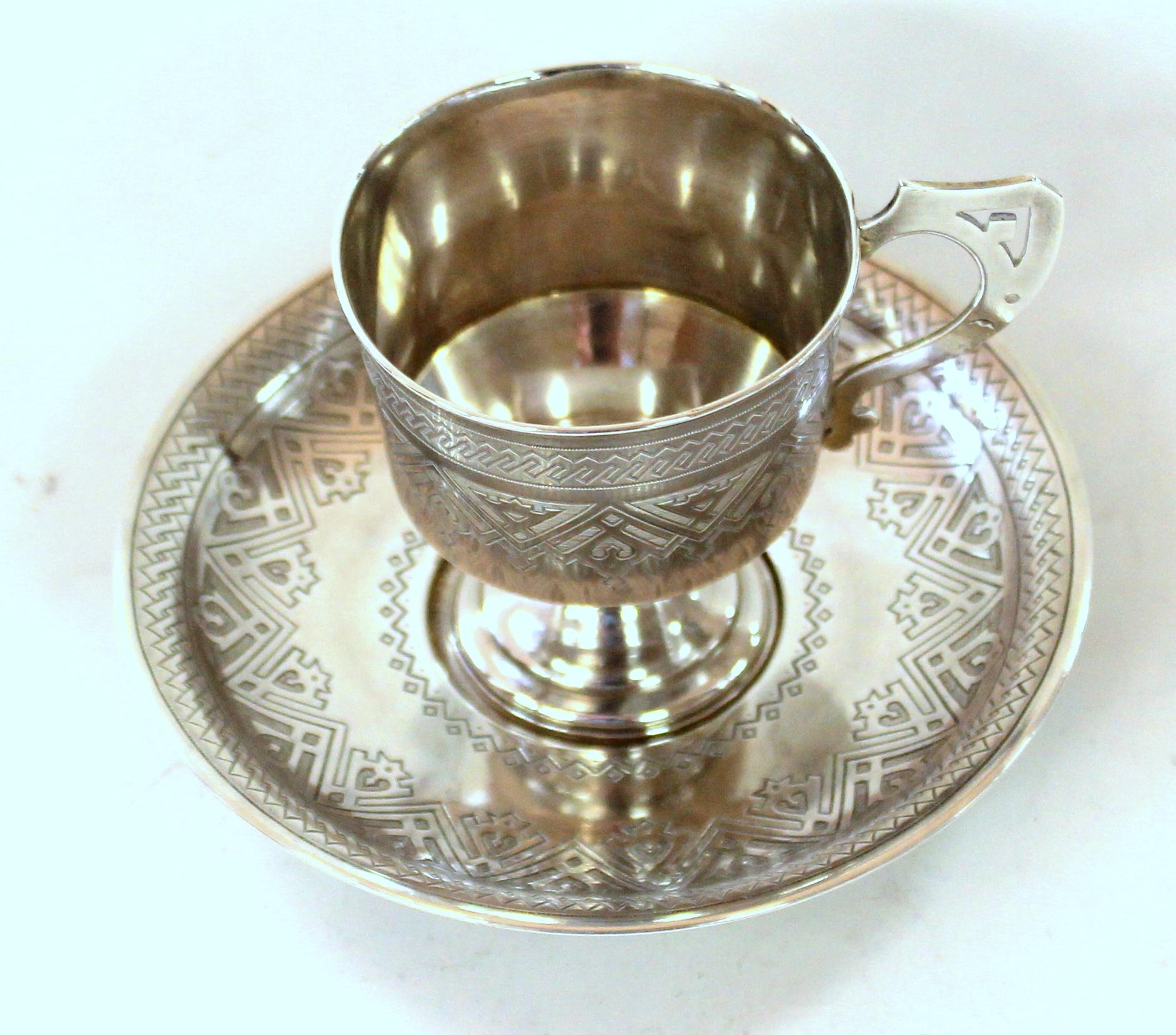 Antique Imperial Russian Silver Hand Engraved Cup and Saucer, Aleksandr Fuld For Sale 10