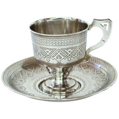 Antique Imperial Russian Silver Hand Engraved Cup and Saucer, Aleksandr Fuld