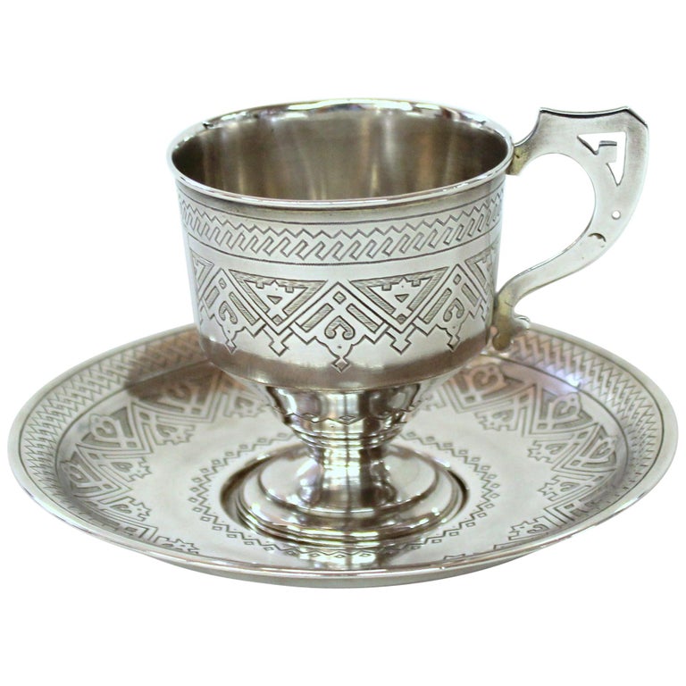 Antique Imperial Russian Silver Hand Engraved Cup and Saucer, Aleksandr Fuld For Sale at 1stDibs