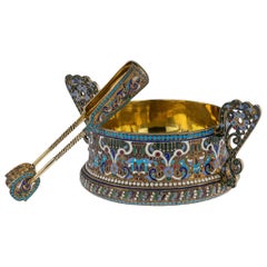 Antique Imperial Russian Solid Silver and Enamel Sugar Bowl & Tongs, circa 1910