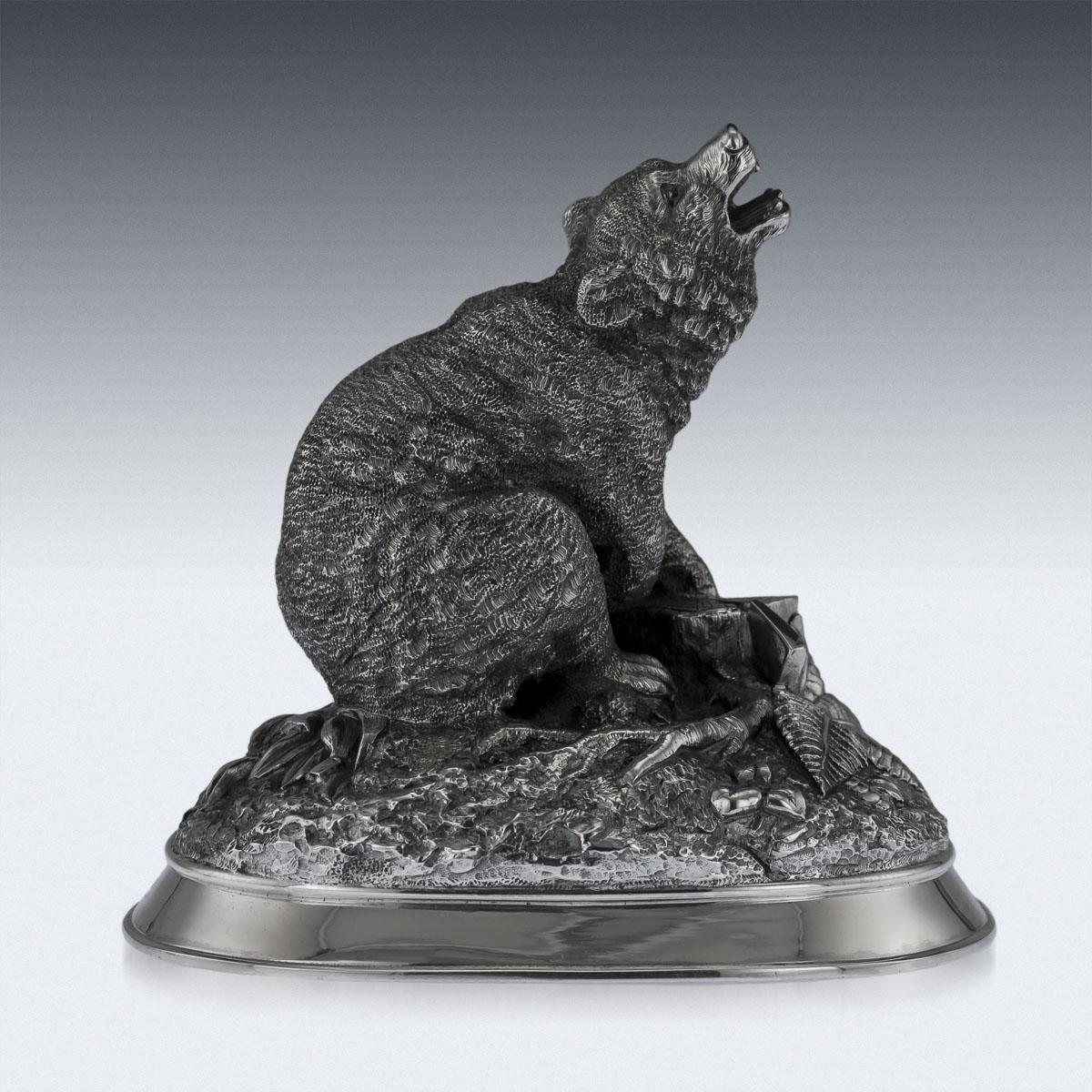 Antique 19th century rare imperial Russian solid silver statue depicting a growling bear with one paw resting on a tree stump, heavy cast and engraved to the last detail. Hallmarked Russian silver 84 (875 standard), Moscow, Maker K.A (Kirill
