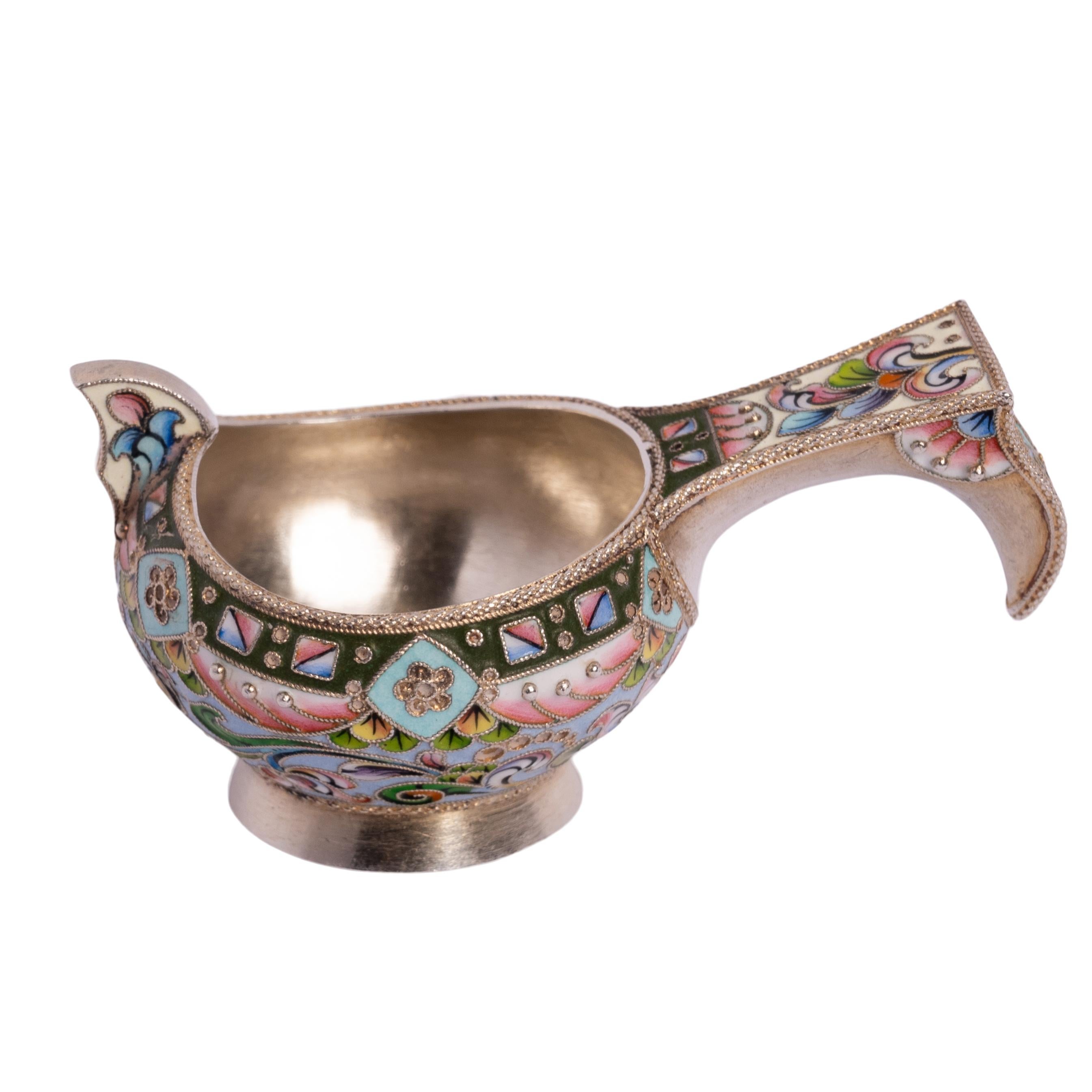 Antique Imperial Russian Solid Silver Gilt Cloisonne Enamel Kovsh Moscow 1908 In Good Condition For Sale In Portland, OR