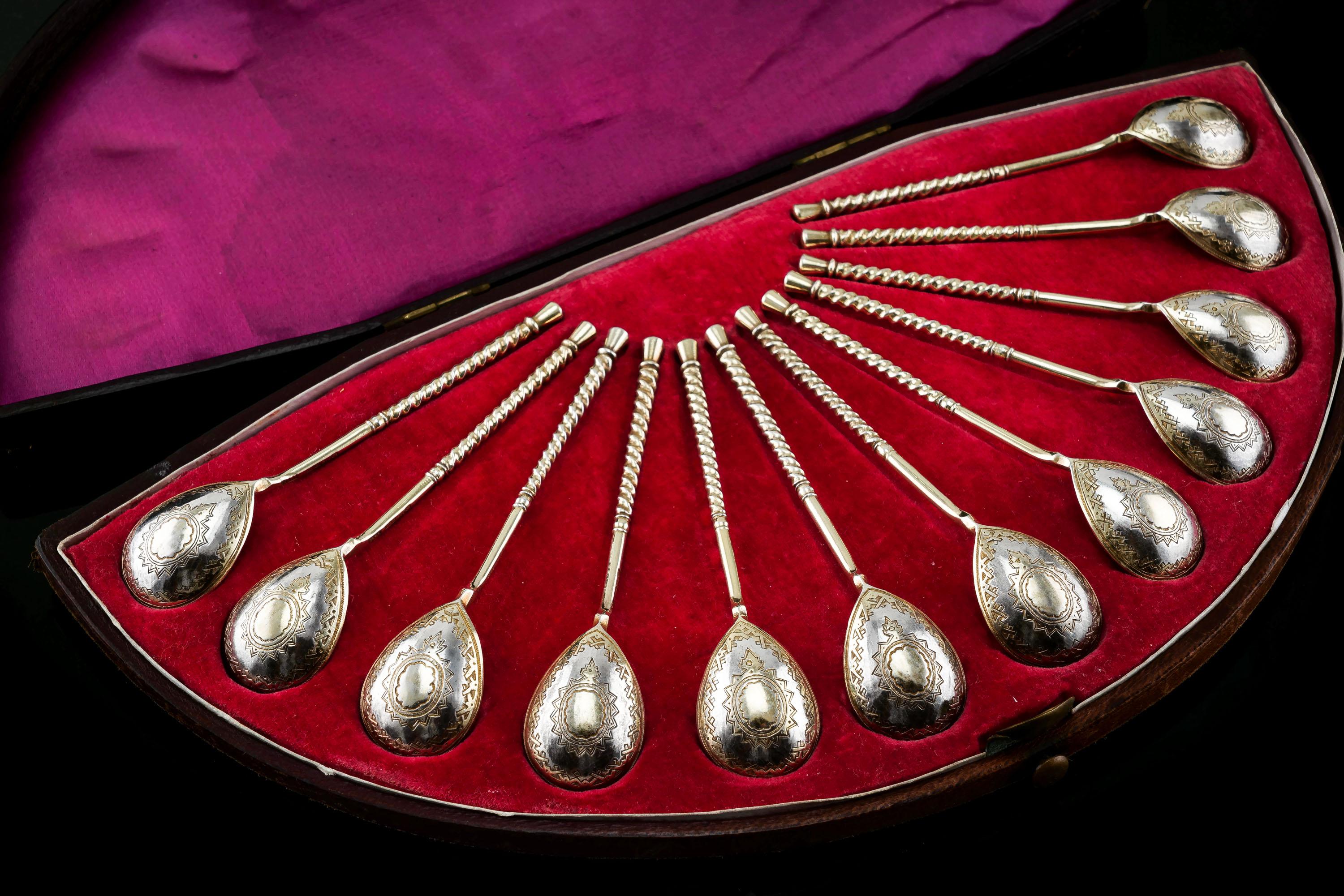 19th Century Antique Imperial Russian Solid Silver Spoons, Parcel Gilt - Moscow c.1890