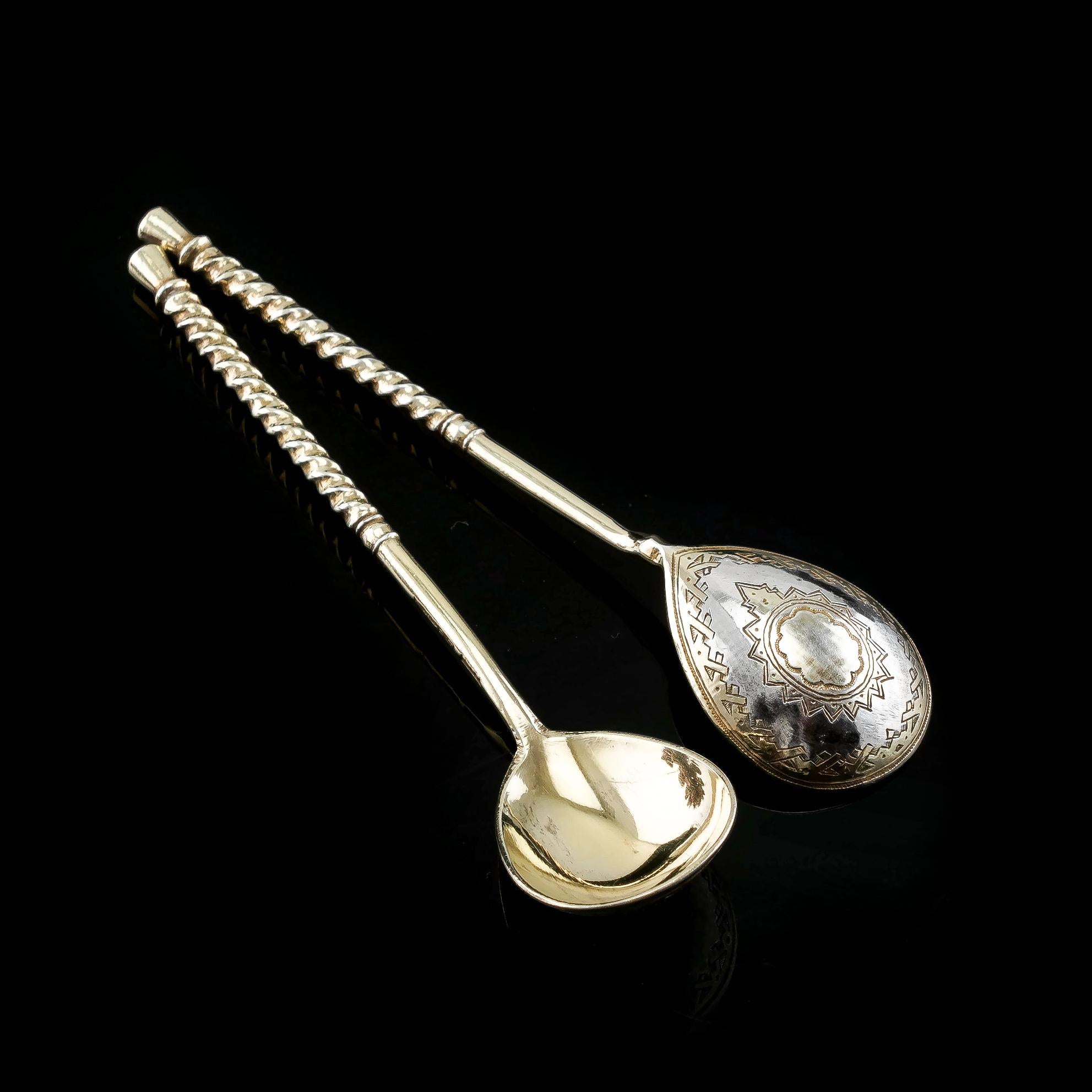 Antique Imperial Russian Solid Silver Spoons, Parcel Gilt - Moscow c.1890 2