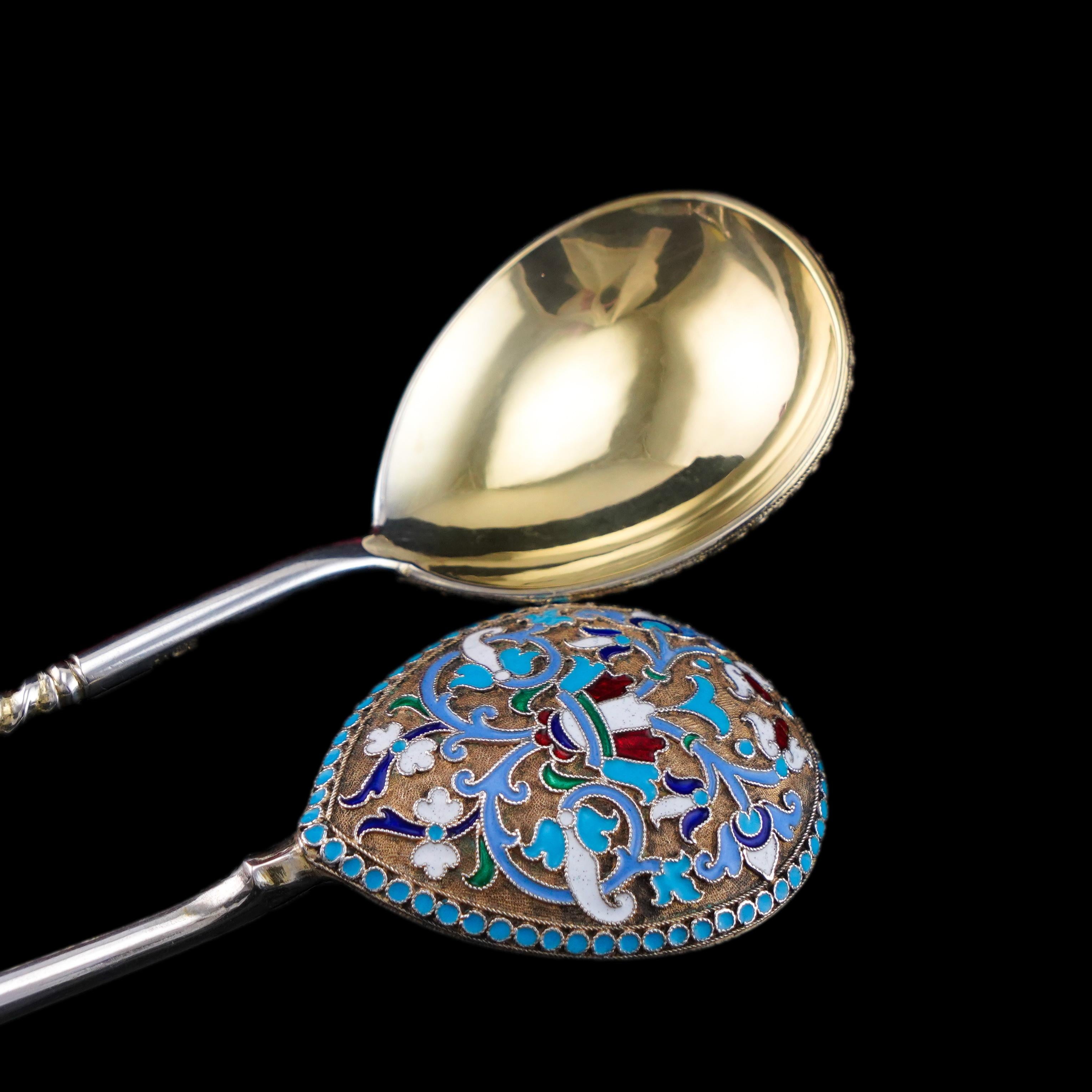 Antique Imperial Russian Solid Silver Spoons with Cloisonne Enamel c.1882 For Sale 10