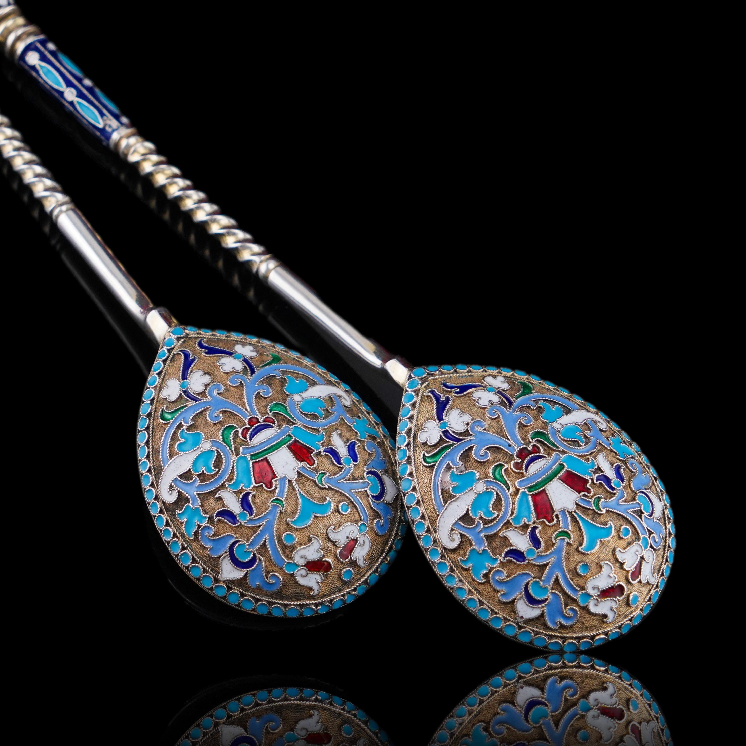 Antique Imperial Russian Solid Silver Spoons with Cloisonne Enamel c.1882 For Sale 11