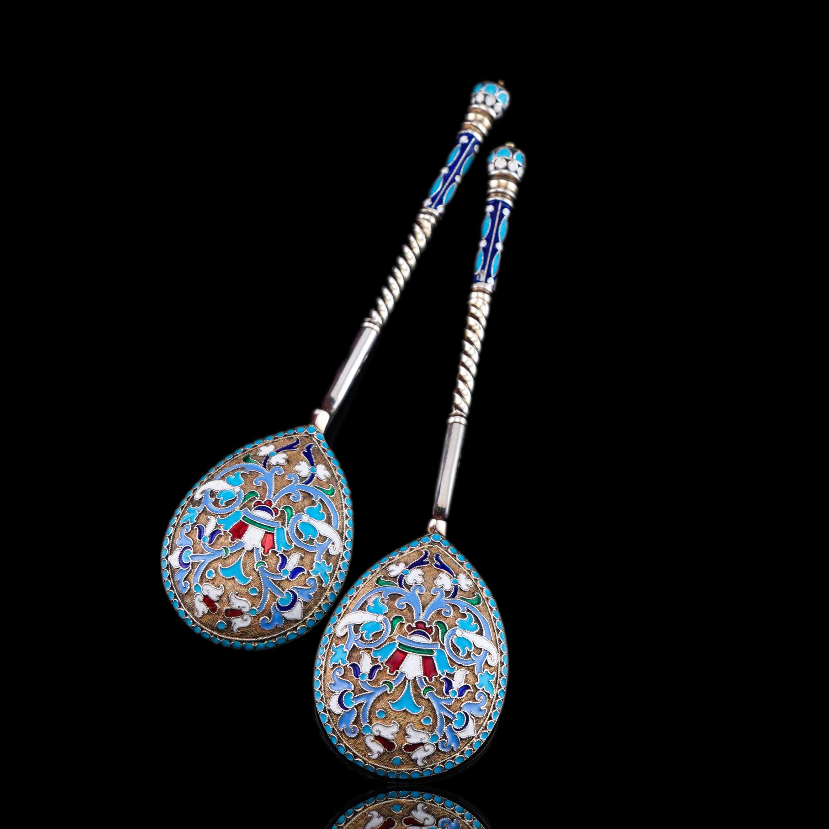 Antique Imperial Russian Solid Silver Spoons with Cloisonne Enamel c.1882 For Sale 12