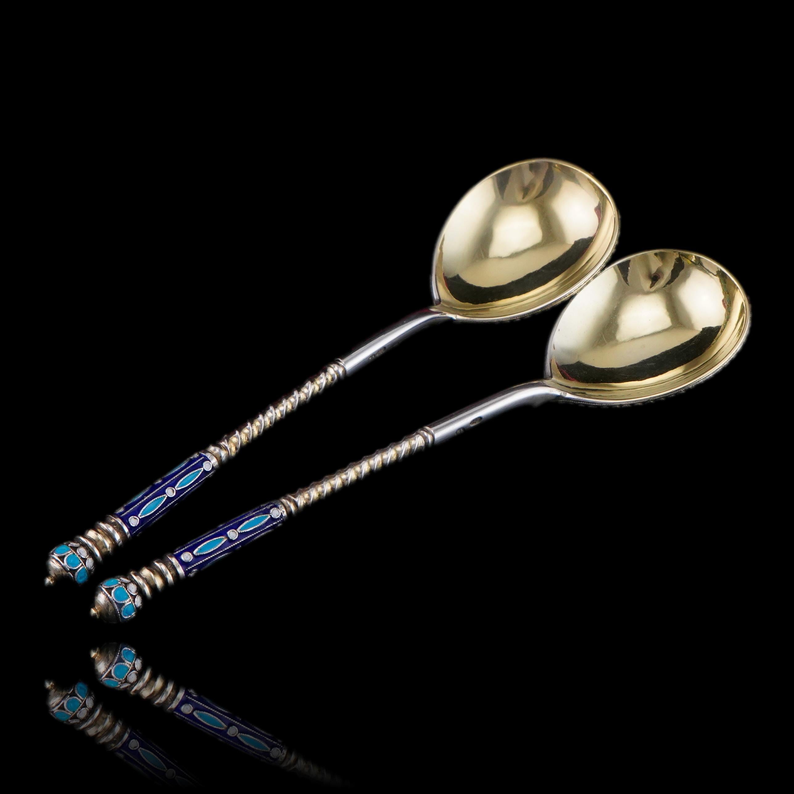 Antique Imperial Russian Solid Silver Spoons with Cloisonne Enamel c.1882 For Sale 13